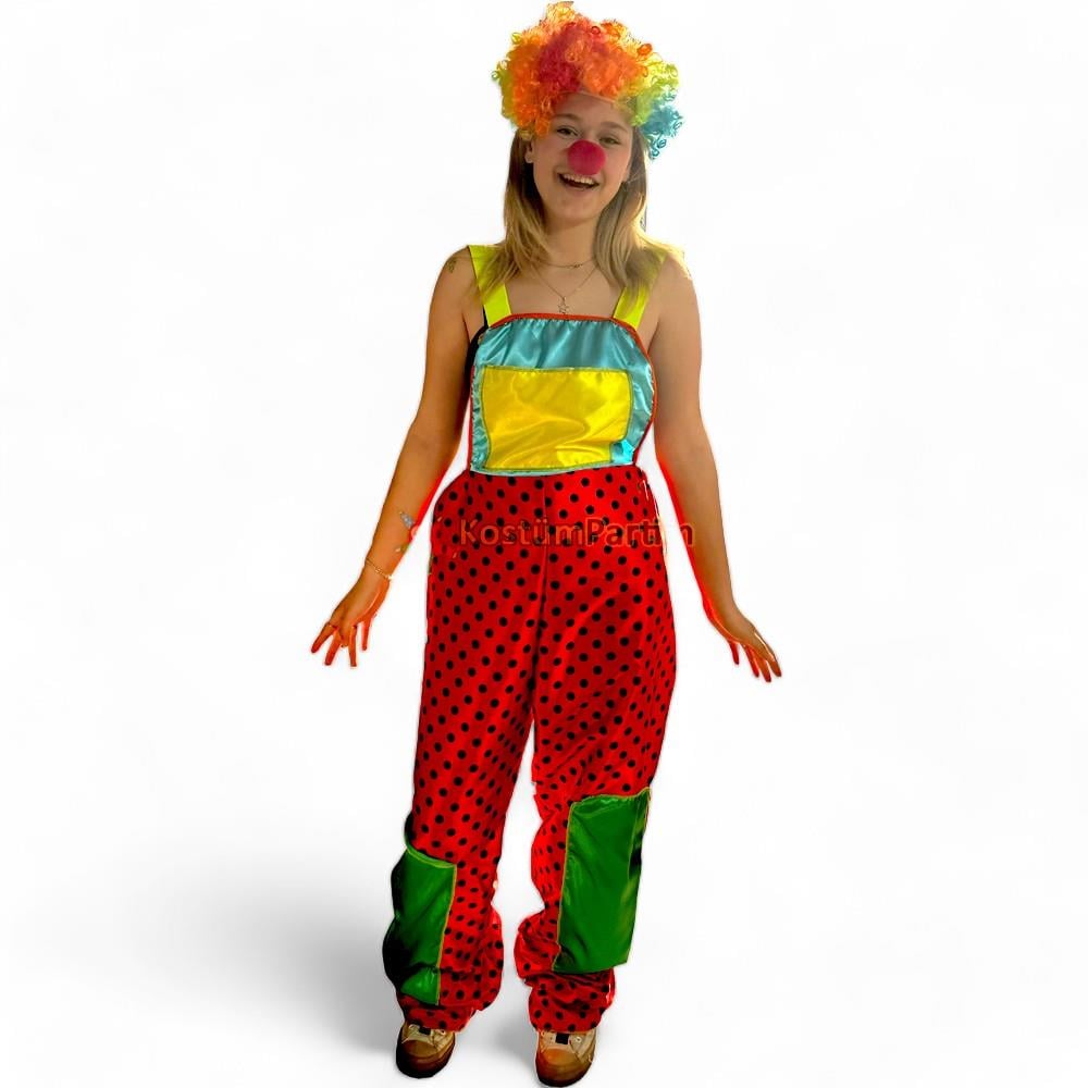 Puanlı Salopet Palyaço Kostümü Kırmızı Yetişkin Palyaço Kıyafetleri Puanlı Salopet Palyaço Kostümü Kırmızı - KostümPartim®