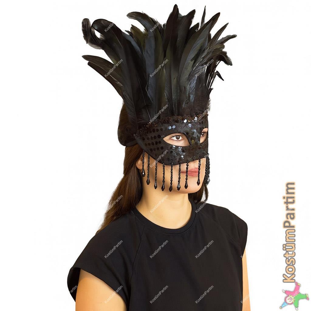 Sallanan Taşlı Siyah Venedik Maskesi Lüks – Tüylü, Zarif ve Gizemli Maske Maskeler KostümPartim® Sallanan Taşlı Siyah Venedik Maskesi Lüks – Tüylü, Zarif ve Gizemli Maske