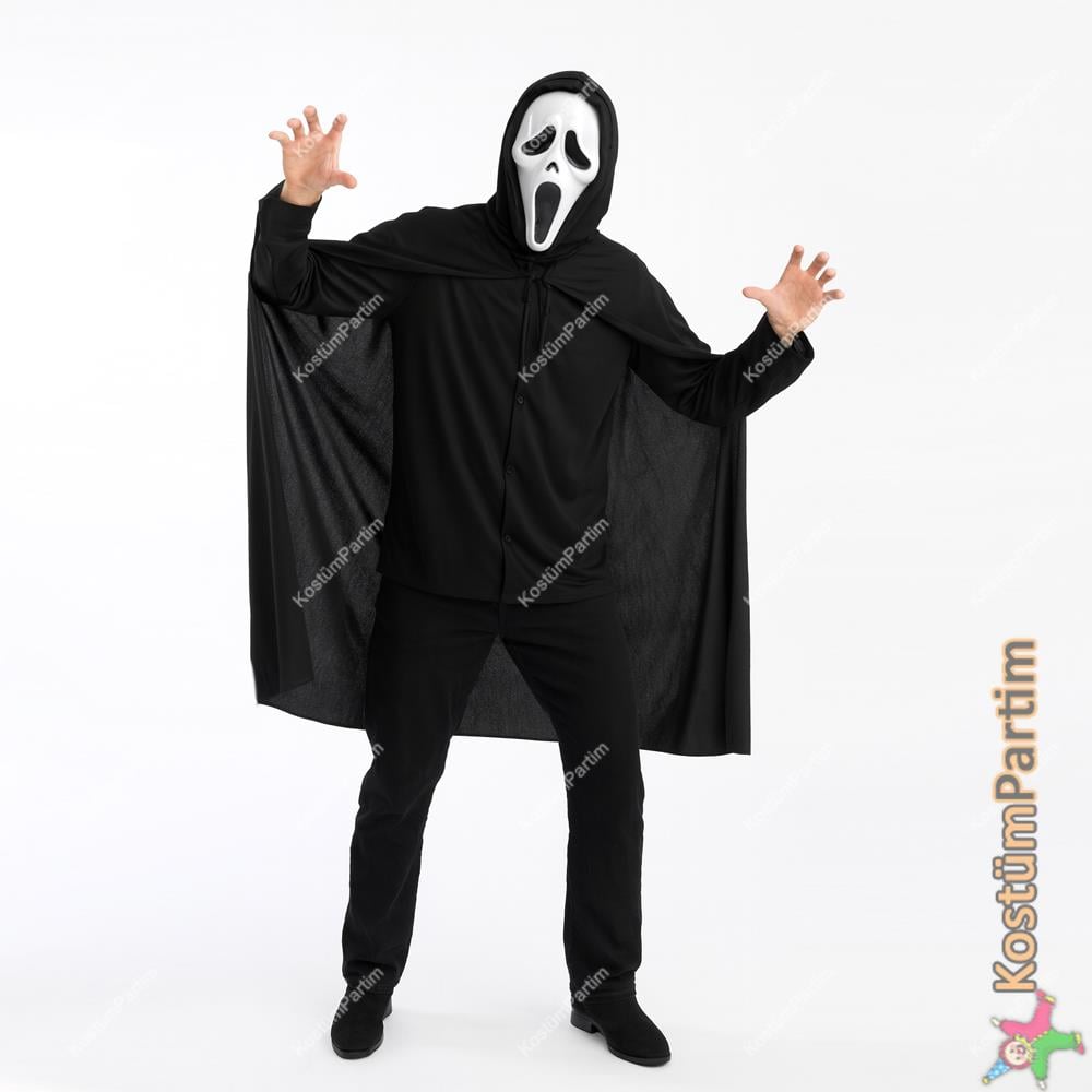 Siyah Pelerin ve Çığlık Maskesi Yetişkin Aksesuar Setleri Siyah Yakalı Pelerin ve Çığlık Maskesi Yetişkin - KostümPartim®