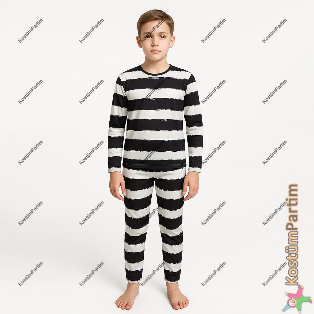 Zombi Mahkum Erkek Çocuk Kostümü ve Makyaj Seti Erkek Çocuk Kostümleri KostümPartim® Zombi Mahkum Kostümü – Halloween Tarzı Bluz ve Pantolon + Hediye Yapay Kan