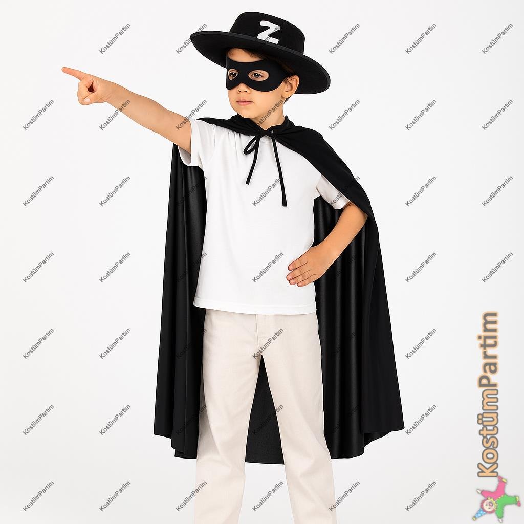Zorro Kostüm Seti Pelerin, Maske, Şapka Çocuk Boy Aksesuar Setleri Zorro Kostüm Seti Pelerin, Maske, Şapka Çocuk Boy - KostümPartim®