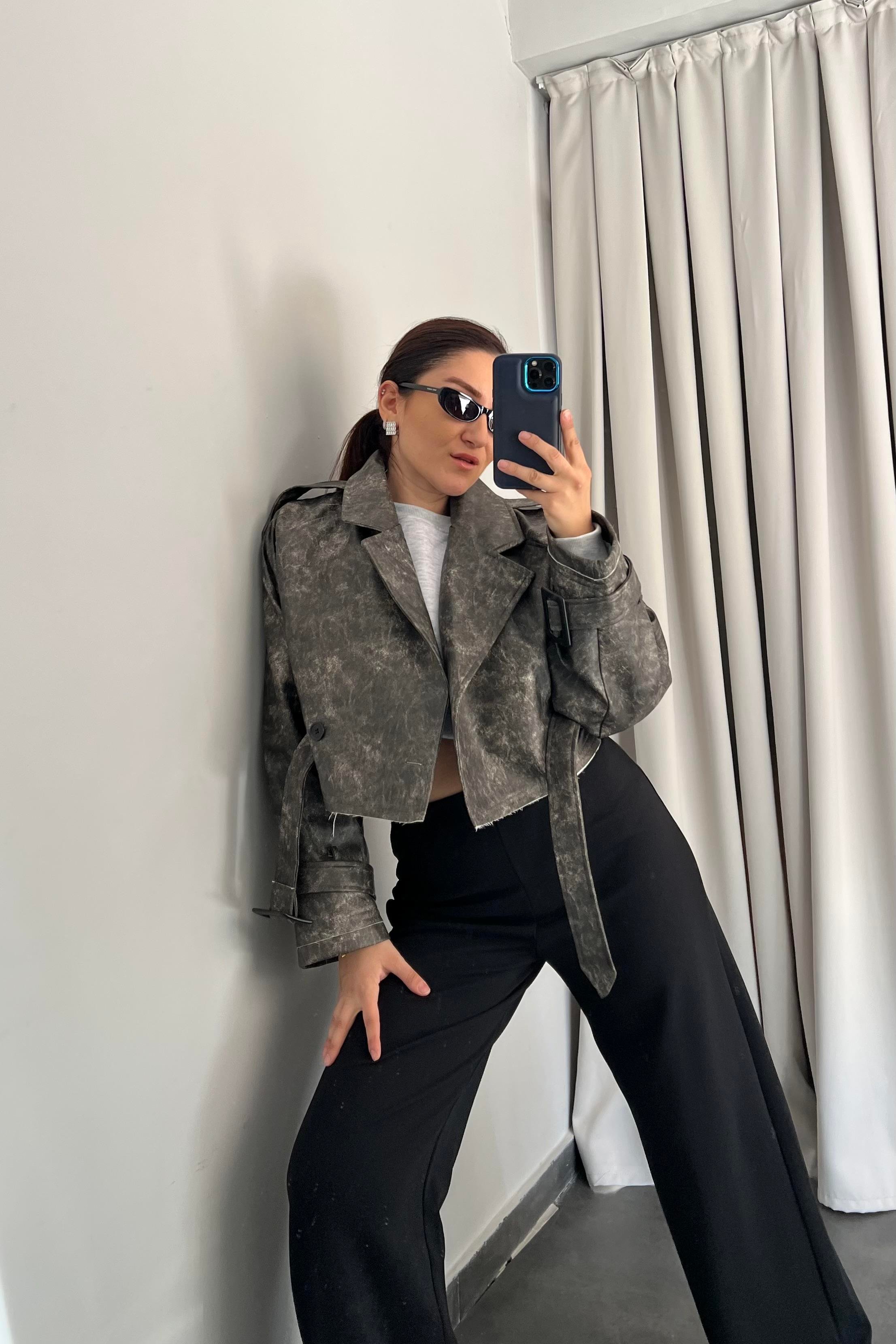 BATİK TEK DÜĞMELİ KEMERLİ DERİ CEKET/9366