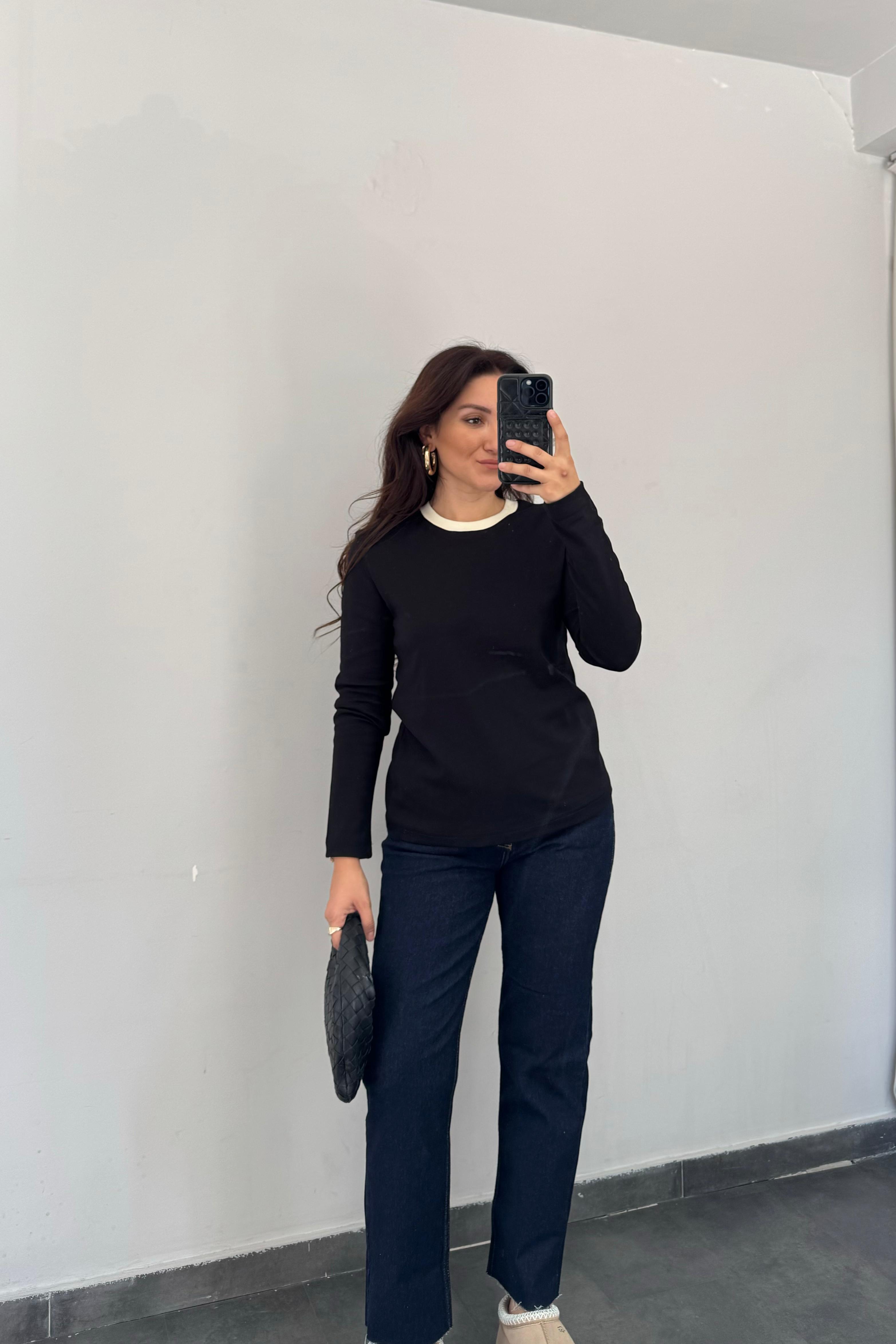 BEYAZ YAKA ŞERİTLİ UZUN KOL T-SHIRT / 1090