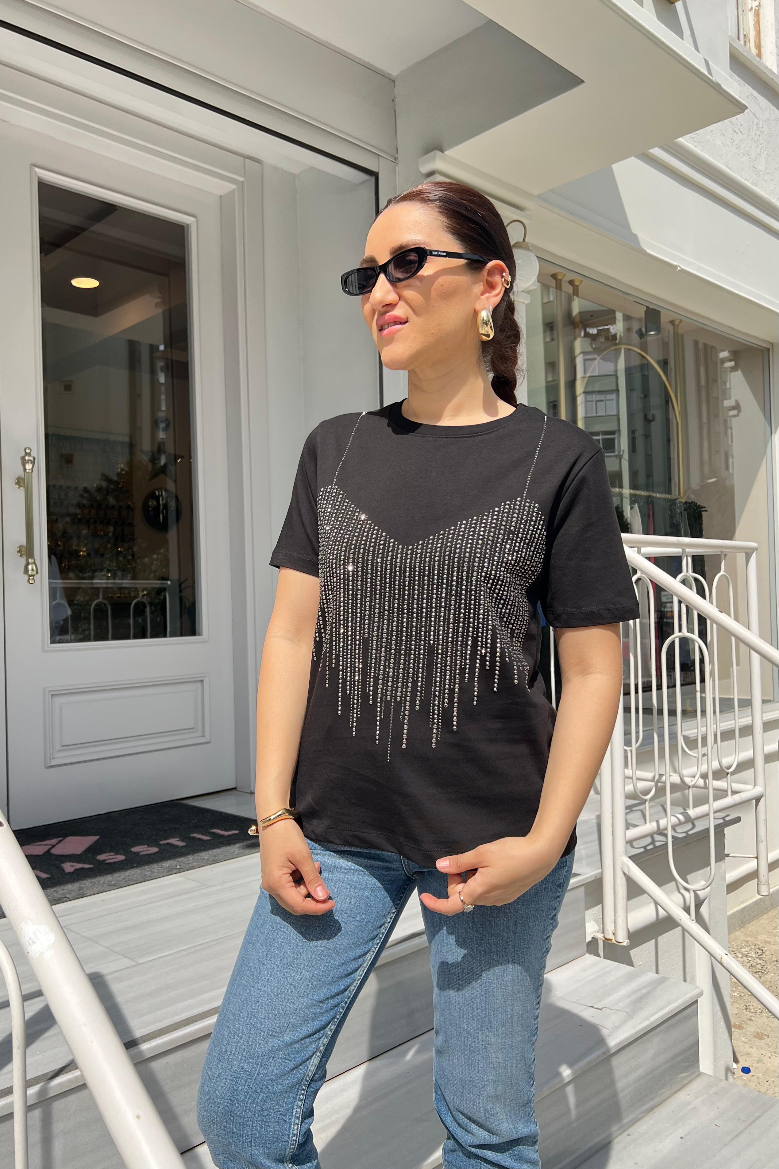 BÜSTİYER TAŞ DETAYLI T-SHIRT /4746