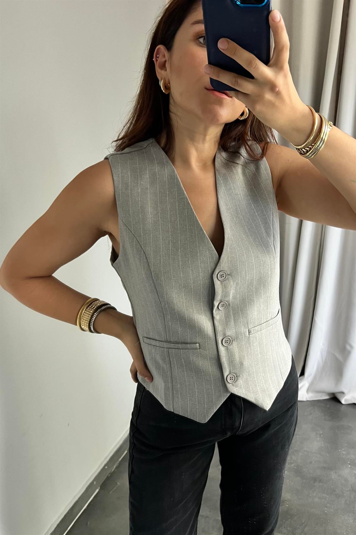 ÇİZGİLİ DOUBLE DÖRT DÜĞMELİ YELEK/60077