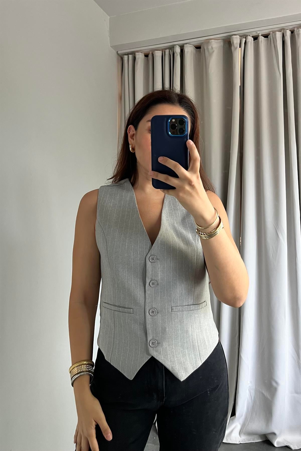 ÇİZGİLİ DOUBLE DÖRT DÜĞMELİ YELEK/60077