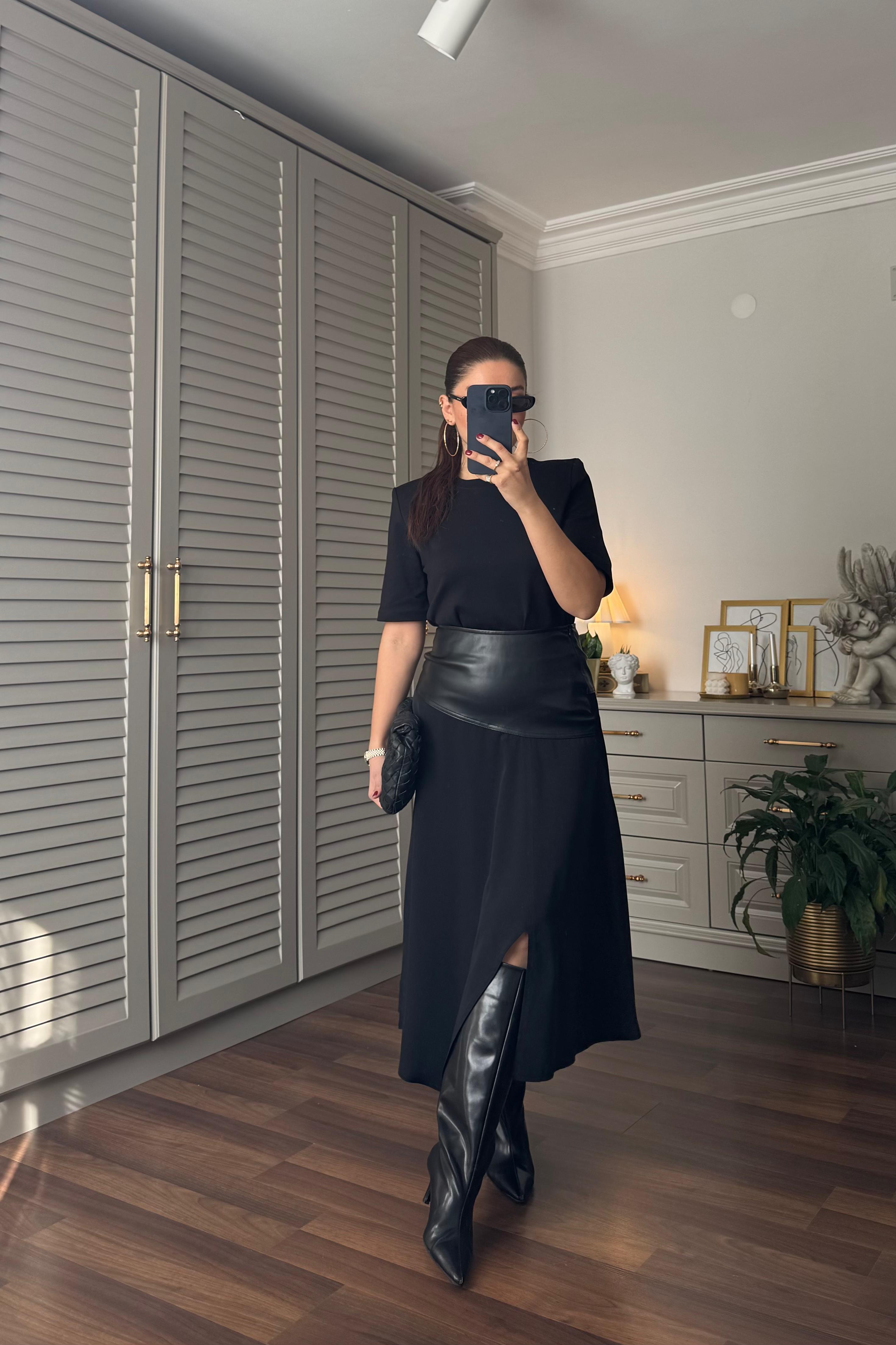 DERİ DETAYLI ASİMETRİK ETEK/3025