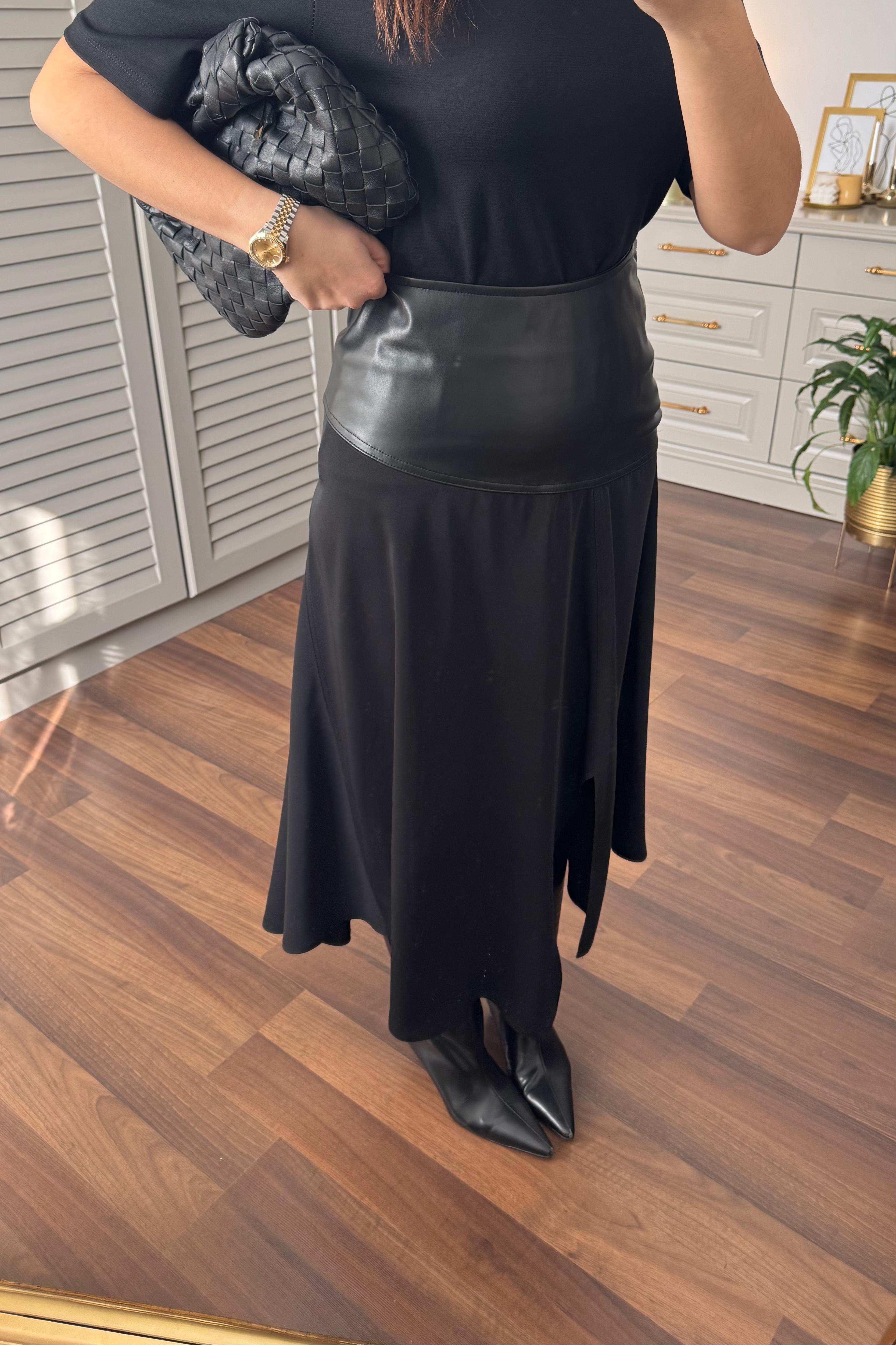 DERİ DETAYLI ASİMETRİK ETEK/3025