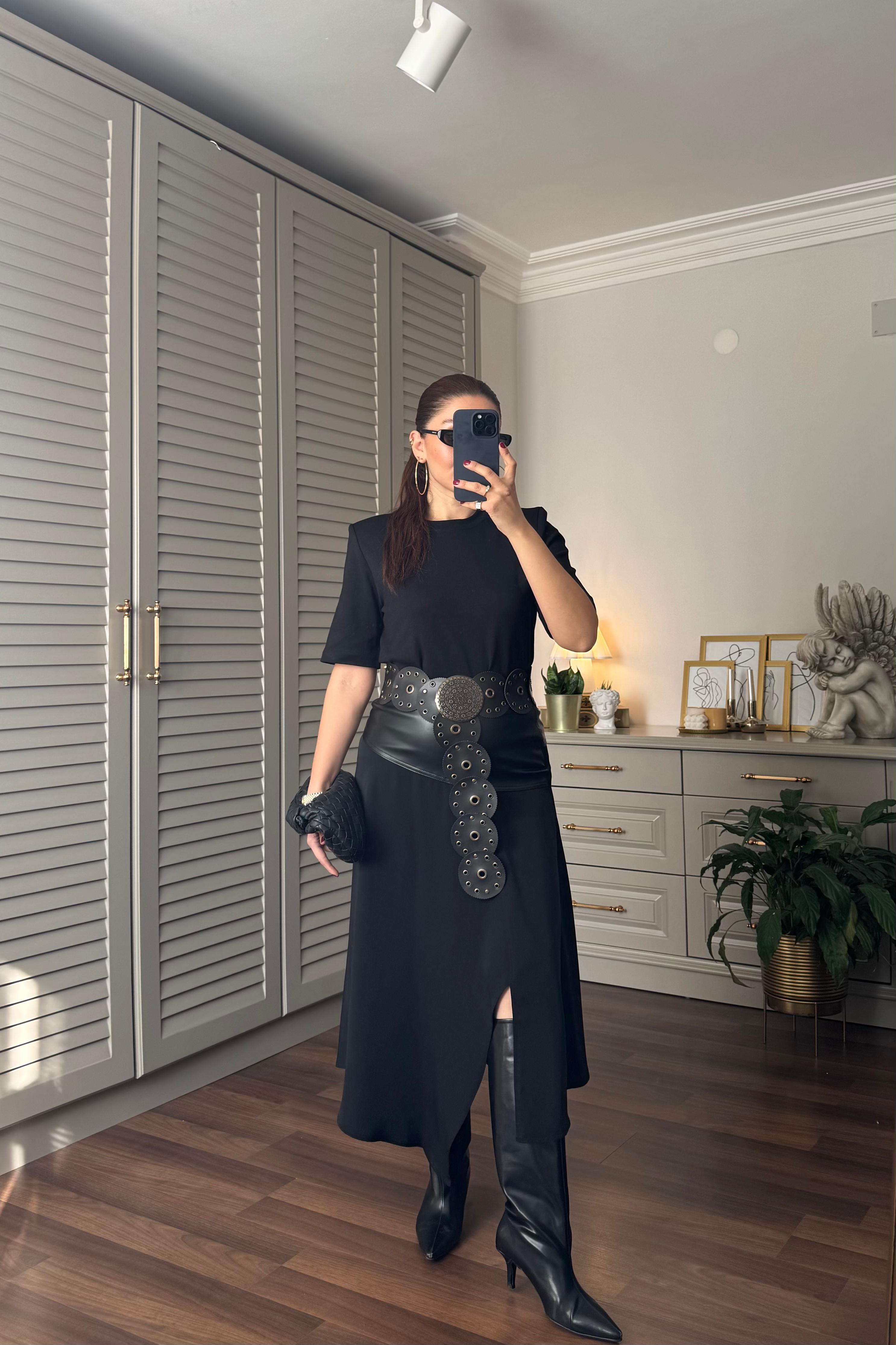 DERİ DETAYLI ASİMETRİK ETEK/3025