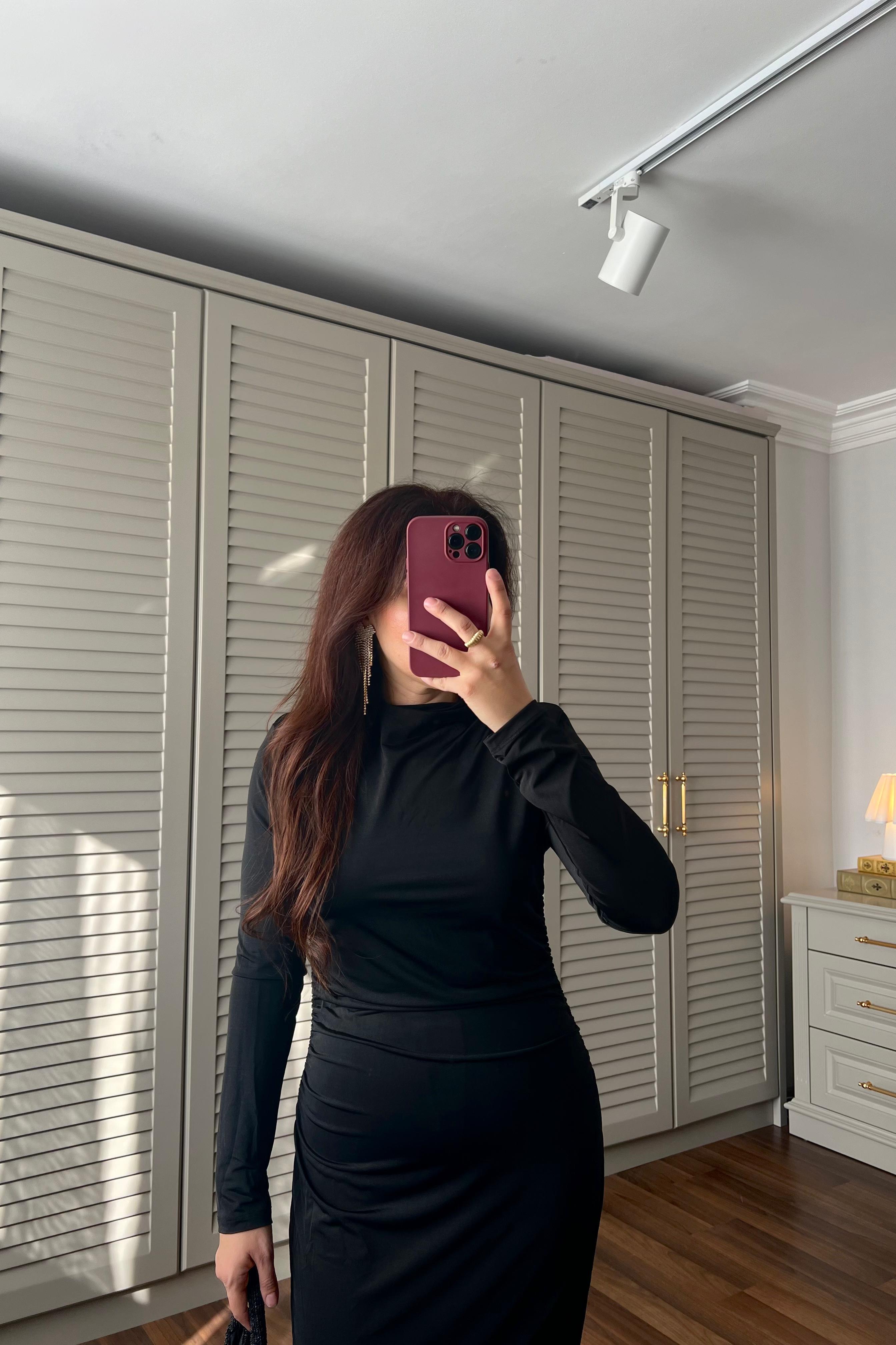 DRAPELİ VATKA KOL MİDİ ELBİSE