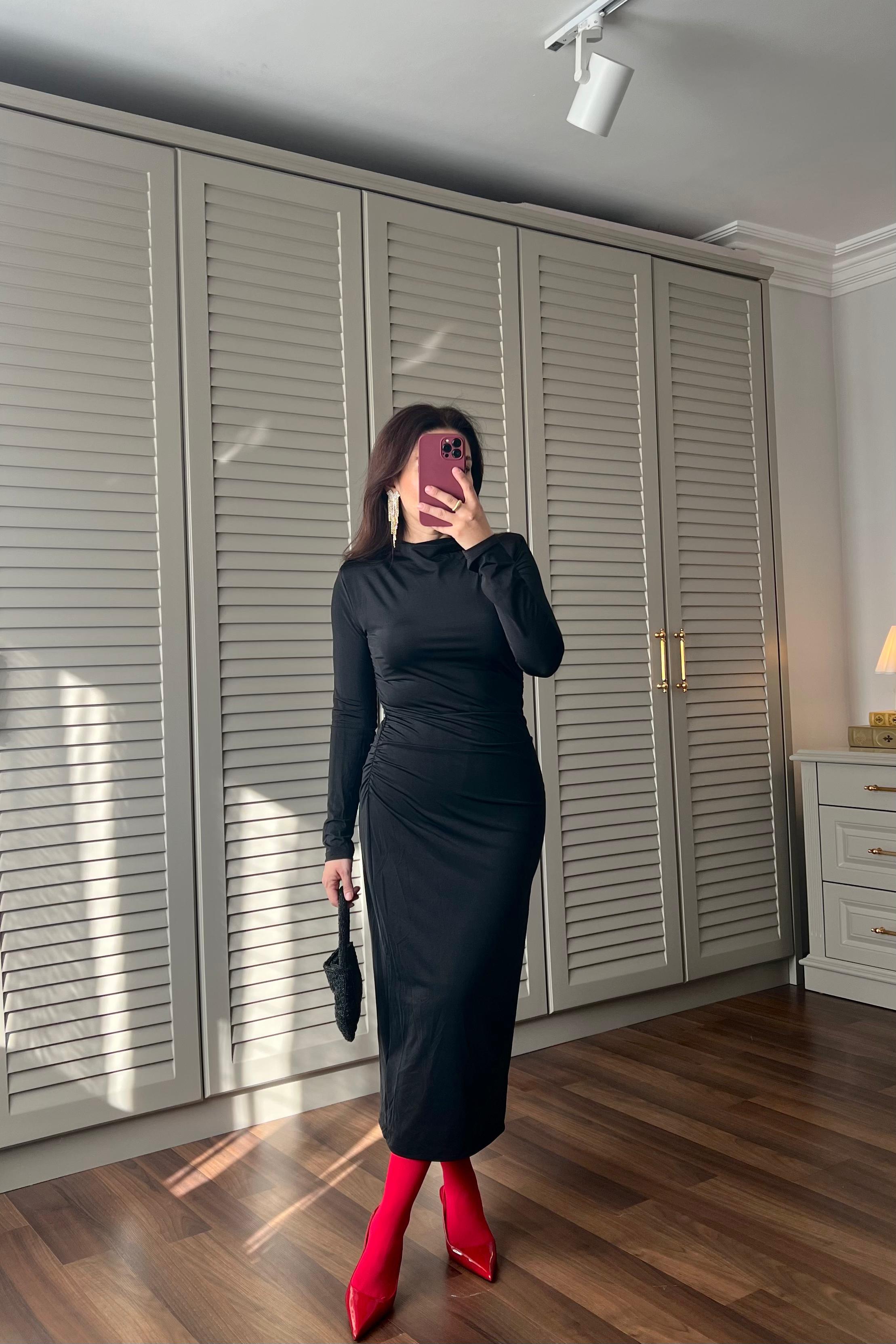 DRAPELİ VATKA KOL MİDİ ELBİSE