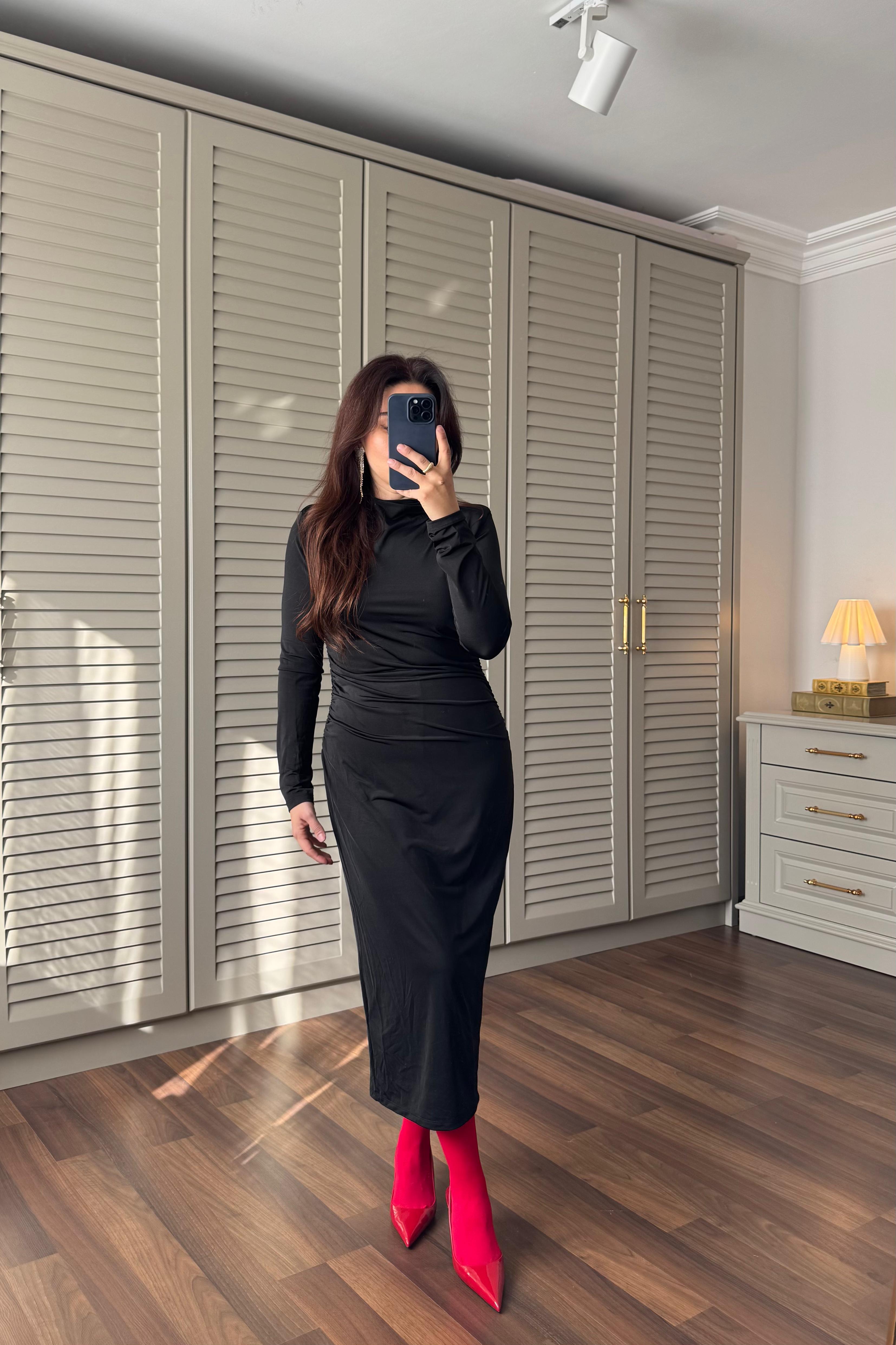 DRAPELİ VATKA KOL MİDİ ELBİSE