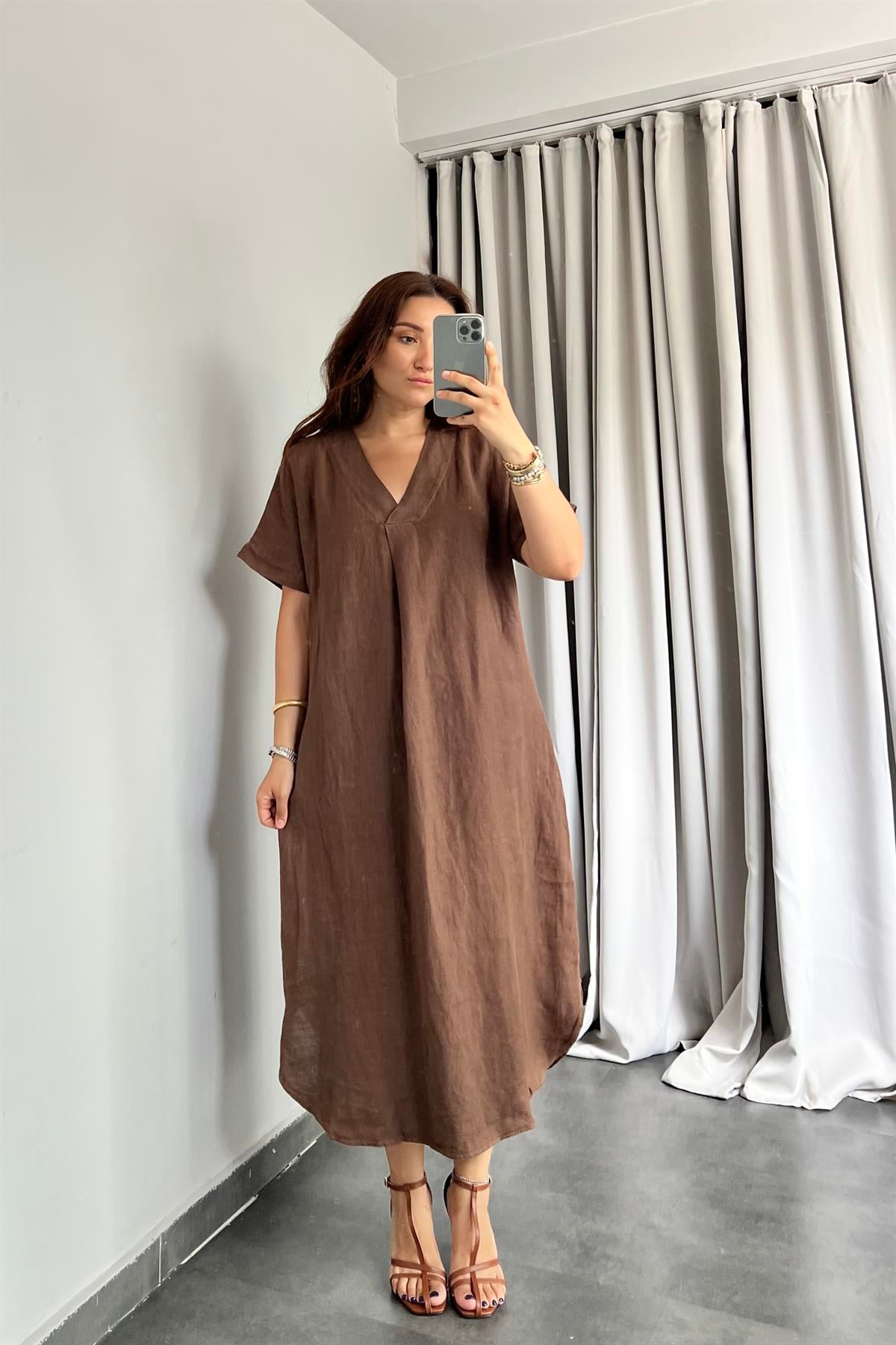 DÜŞÜK KOL V YAKA KETEN ELBİSE/3131