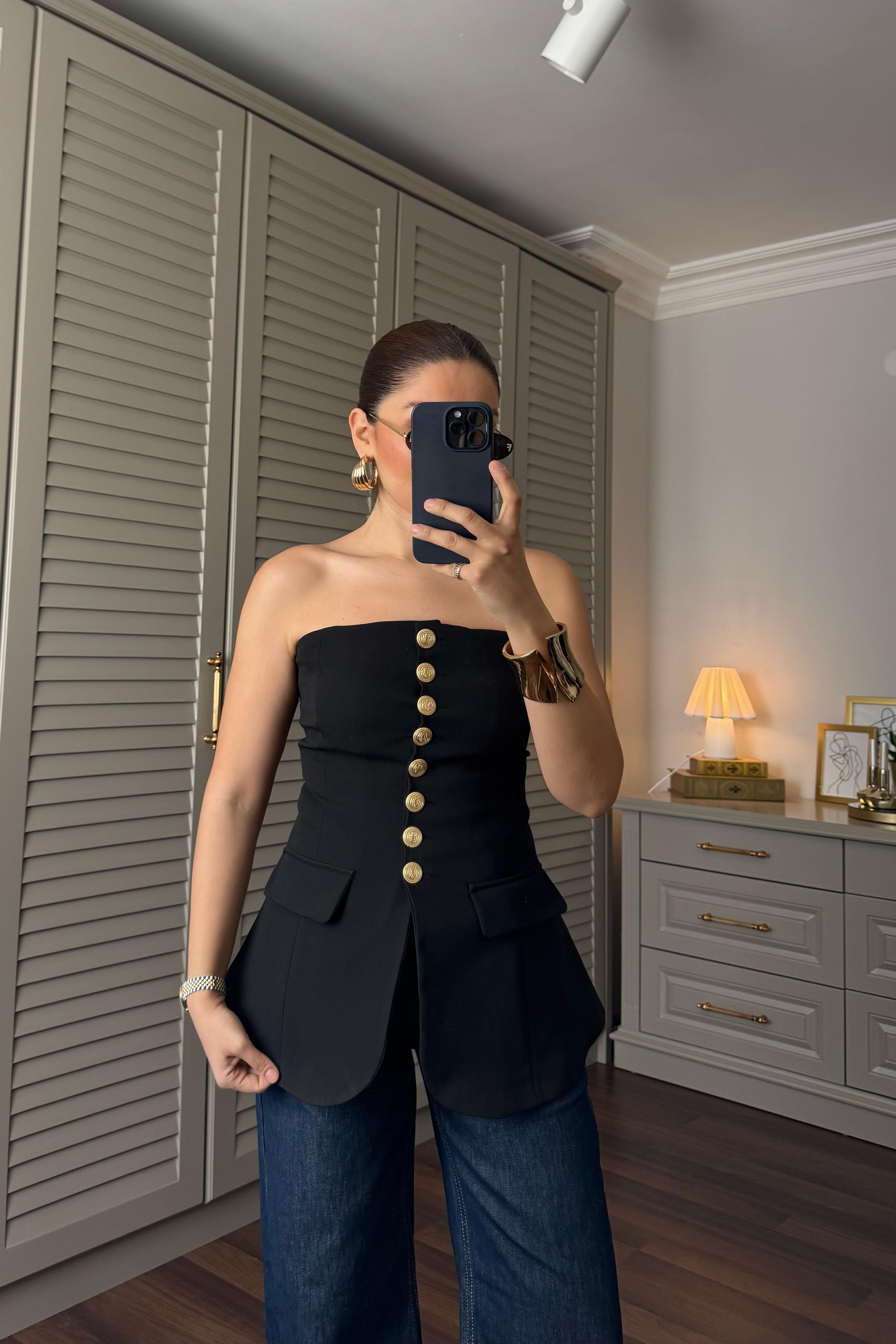 GOLD DÜĞMELİ STRAPLEZ YELEK