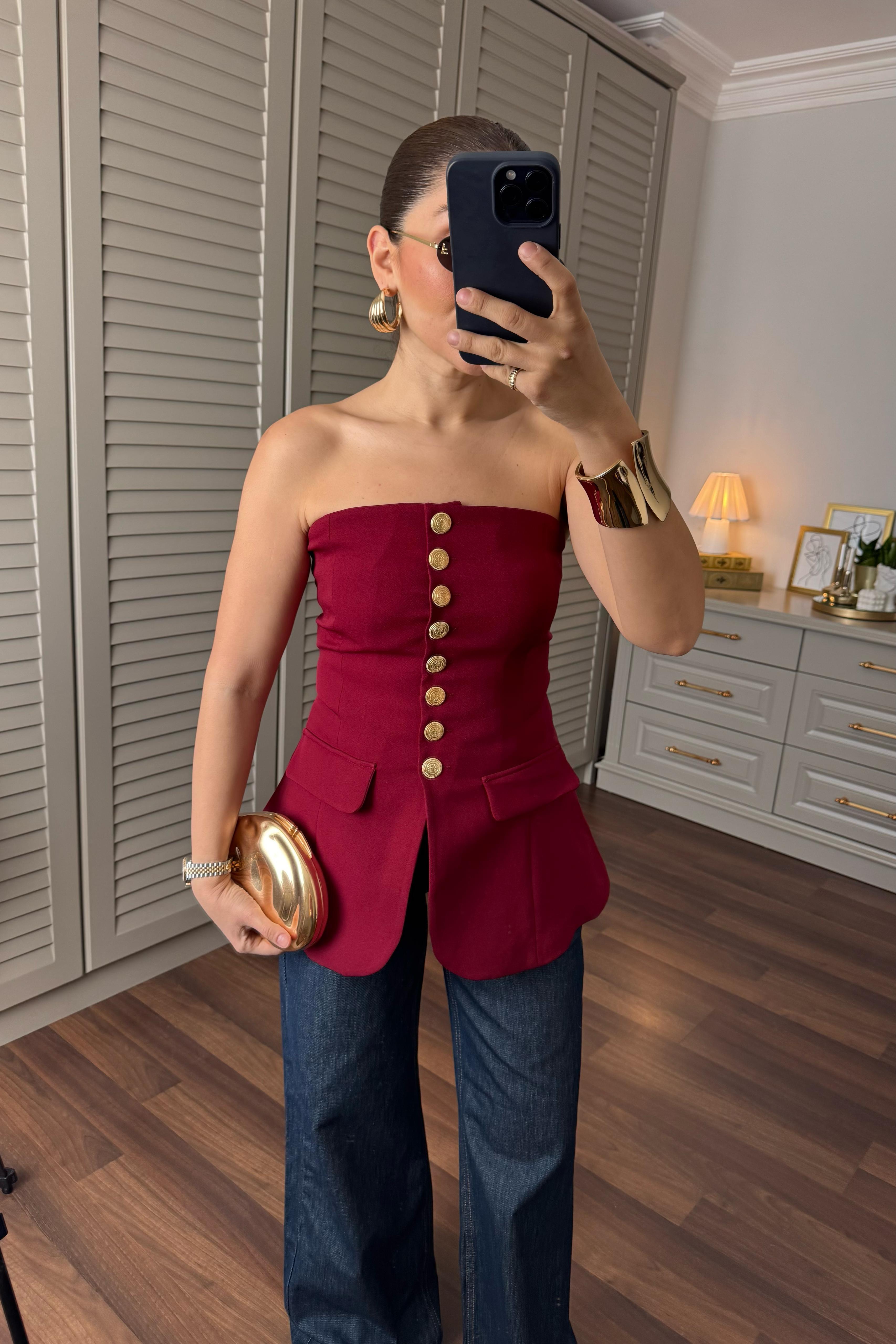 GOLD DÜĞMELİ STRAPLEZ YELEK