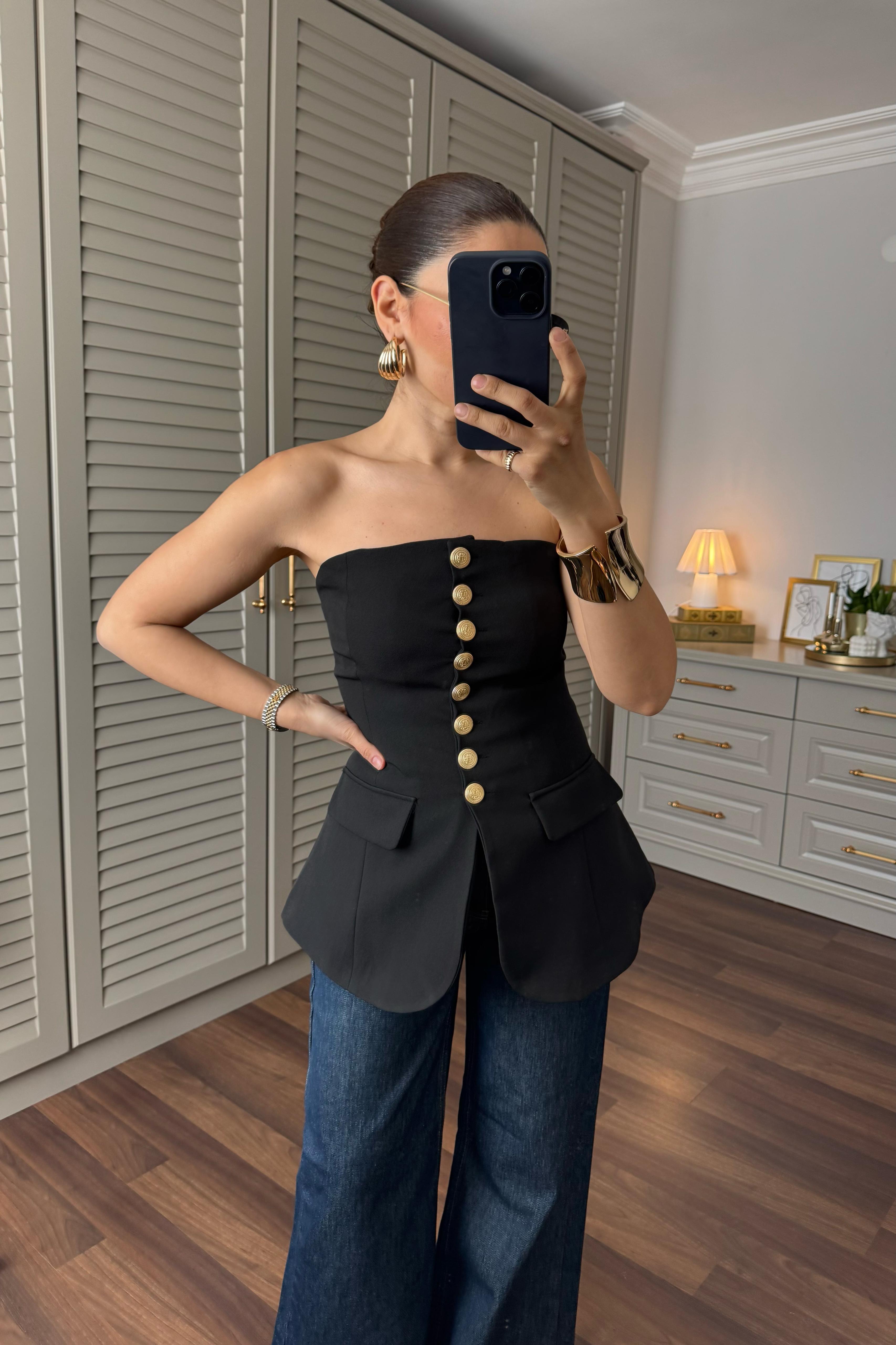 GOLD DÜĞMELİ STRAPLEZ YELEK