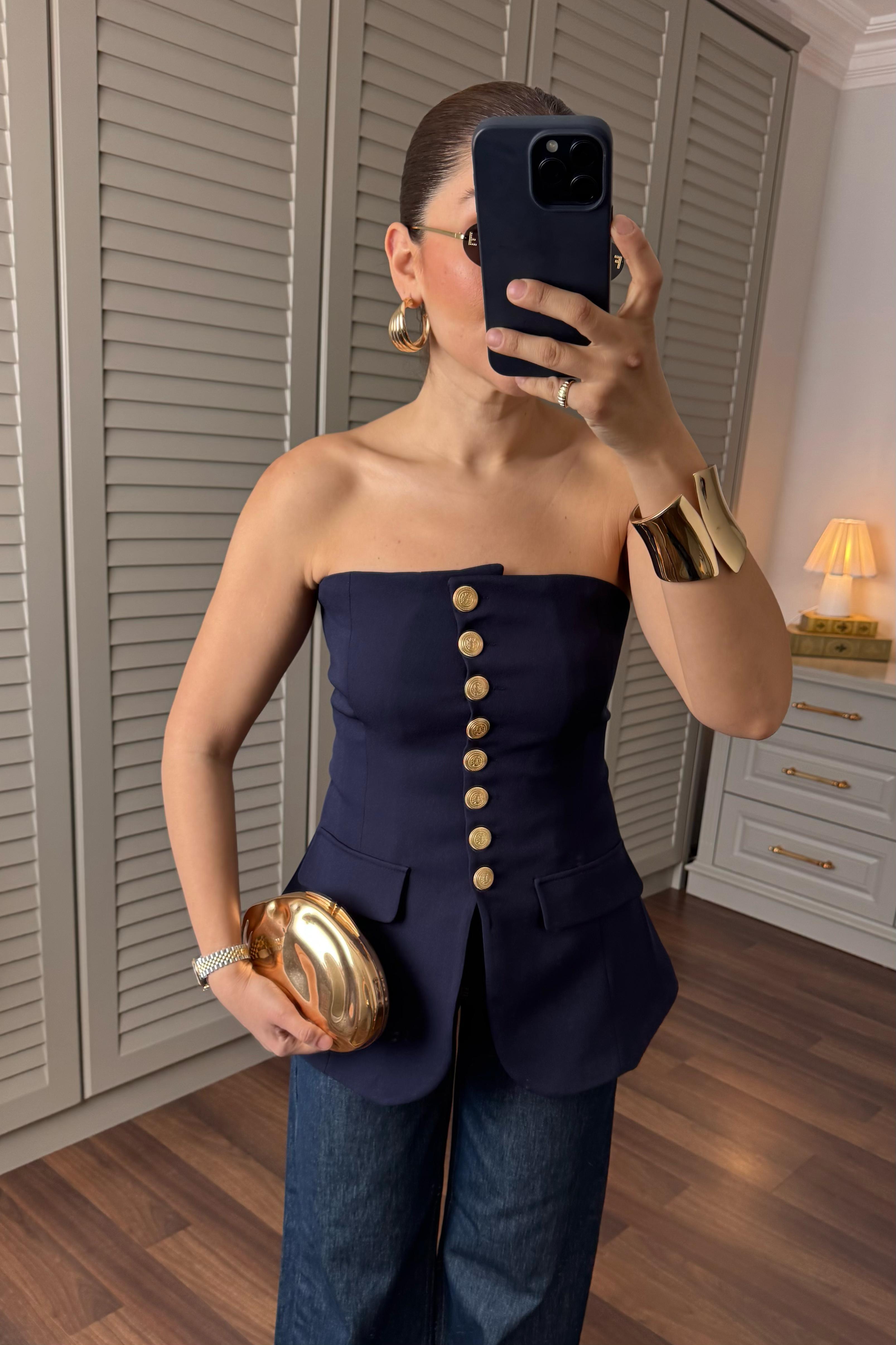 GOLD DÜĞMELİ STRAPLEZ YELEK