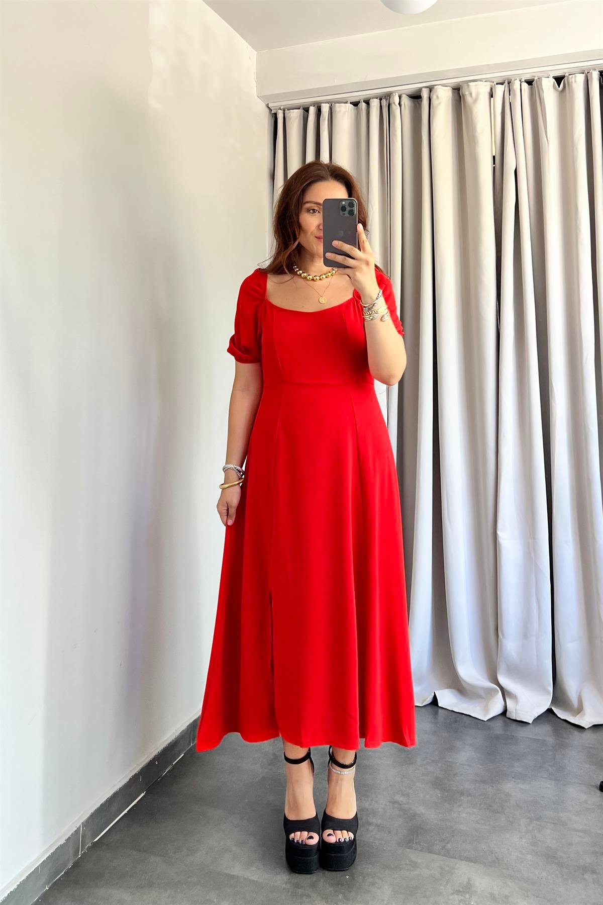 KARPUZ KOL ÖNÜ YIRTMAÇLI KREP ELBİSE/27445