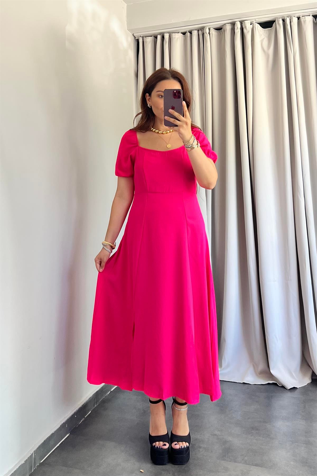 KARPUZ KOL ÖNÜ YIRTMAÇLI KREP ELBİSE/27445