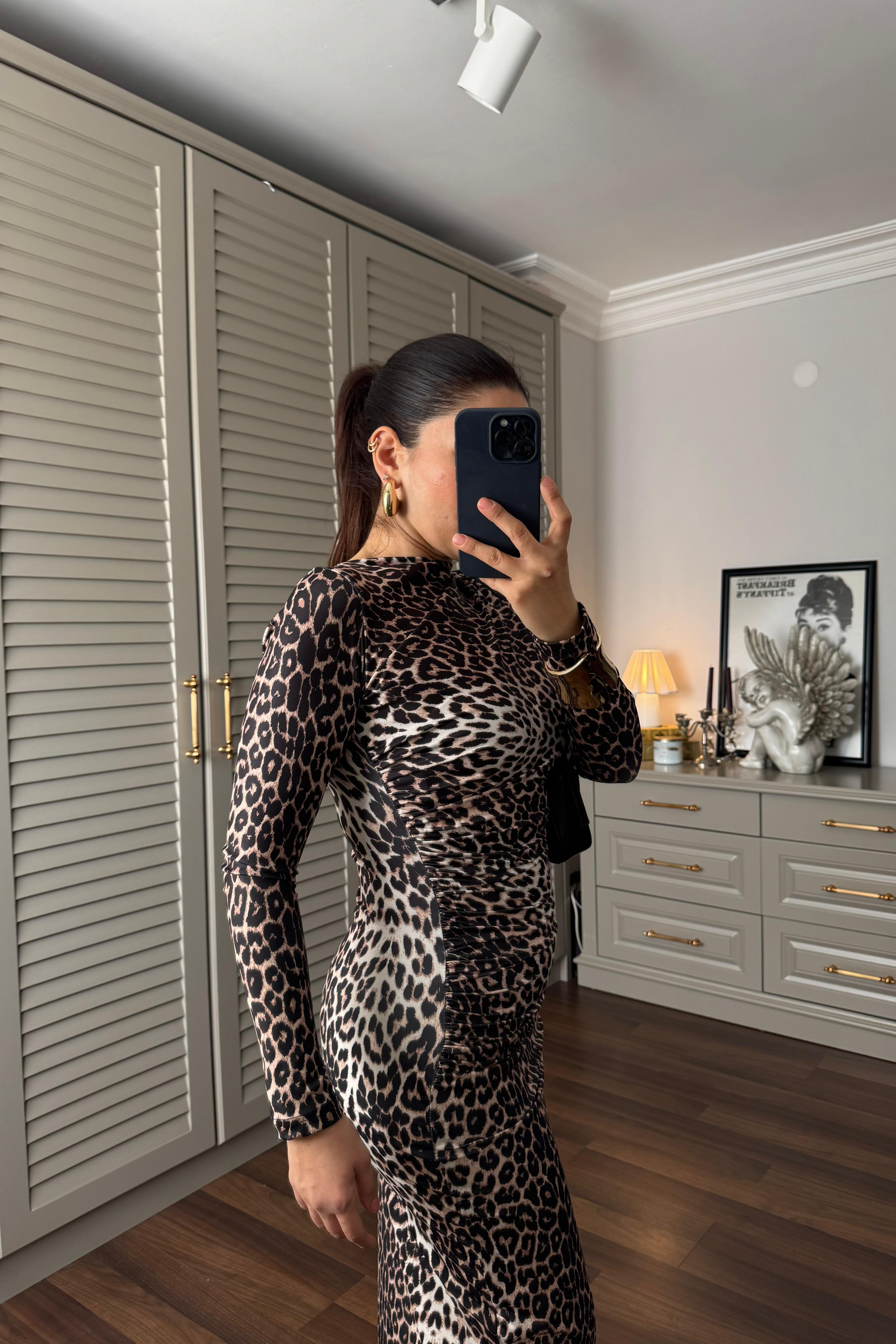 LEOPAR DESEN DRAPELİ ELBİSE/6871