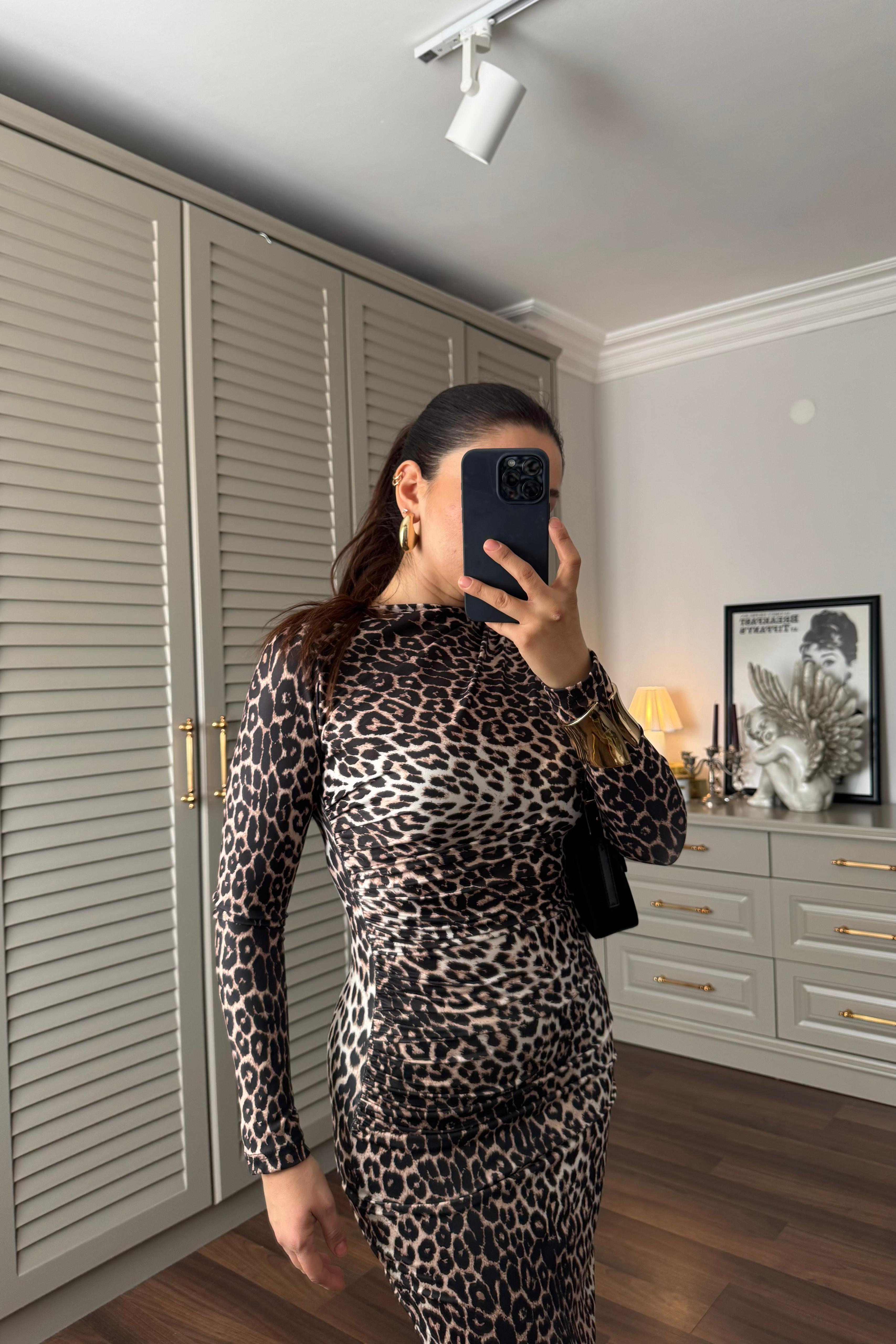 LEOPAR DESEN DRAPELİ ELBİSE/6871