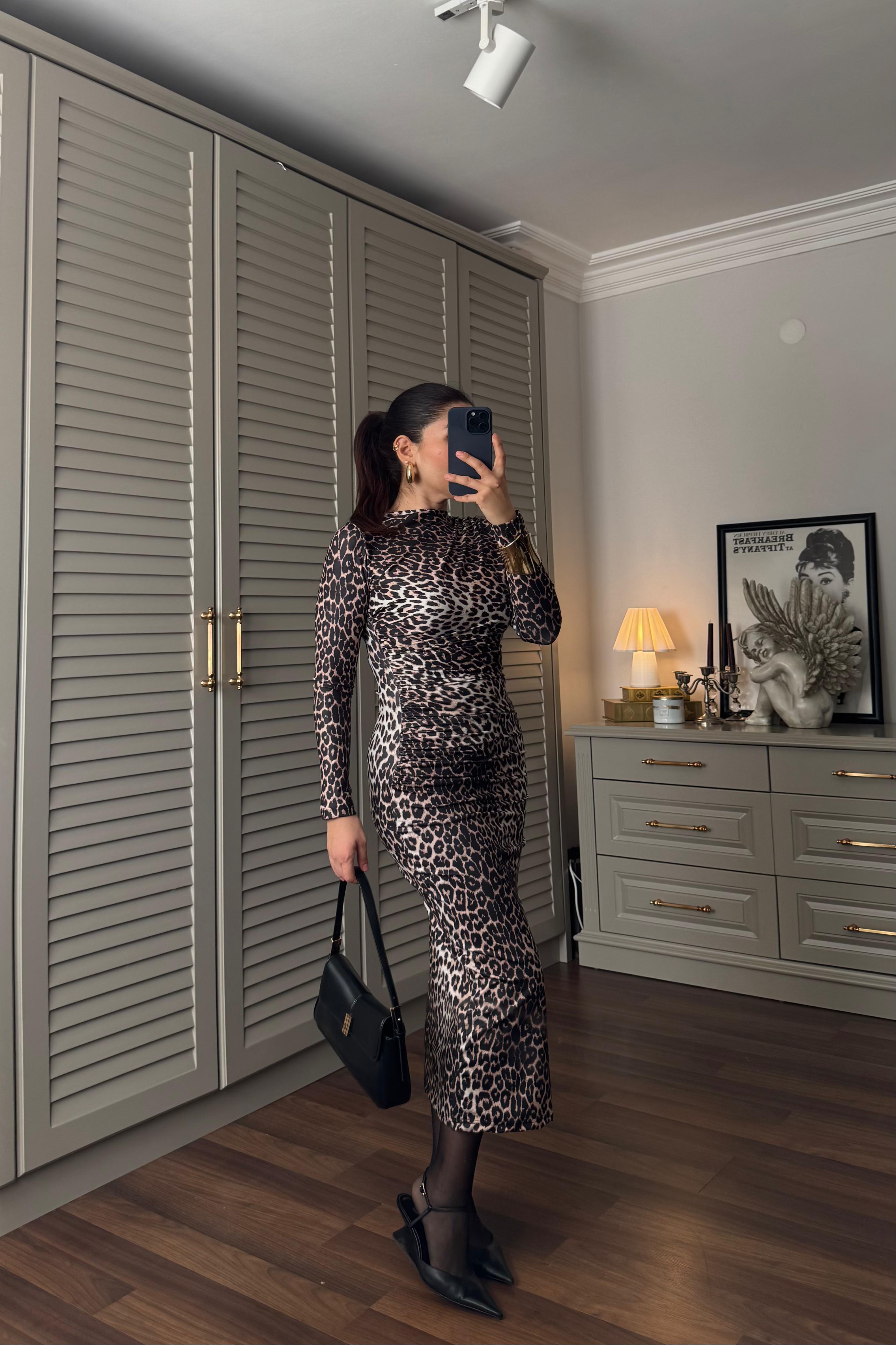 LEOPAR DESEN DRAPELİ ELBİSE/6871