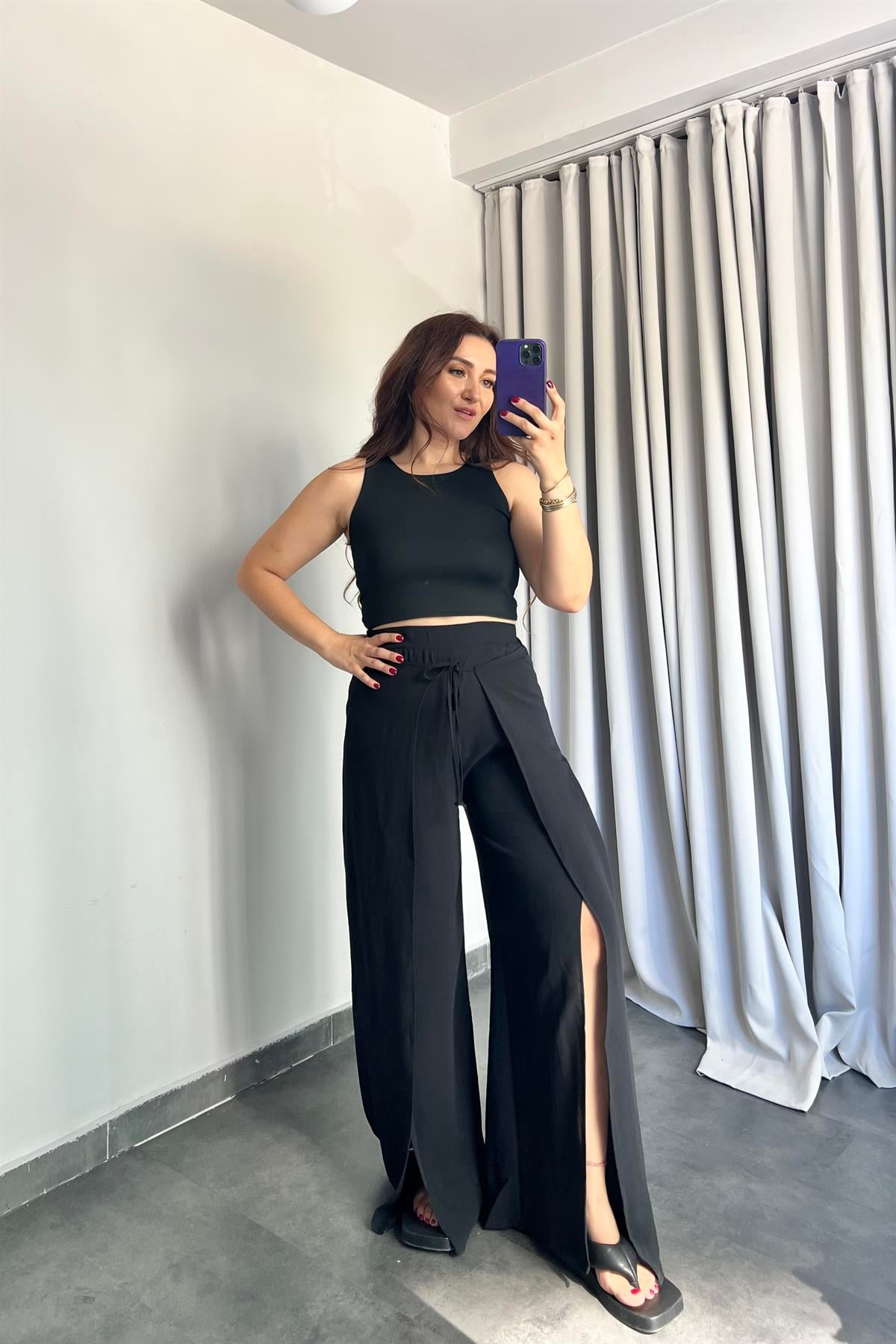 ÖNÜ İP BAĞLAMALI YIRTMAÇLI PANTOLON/50609
