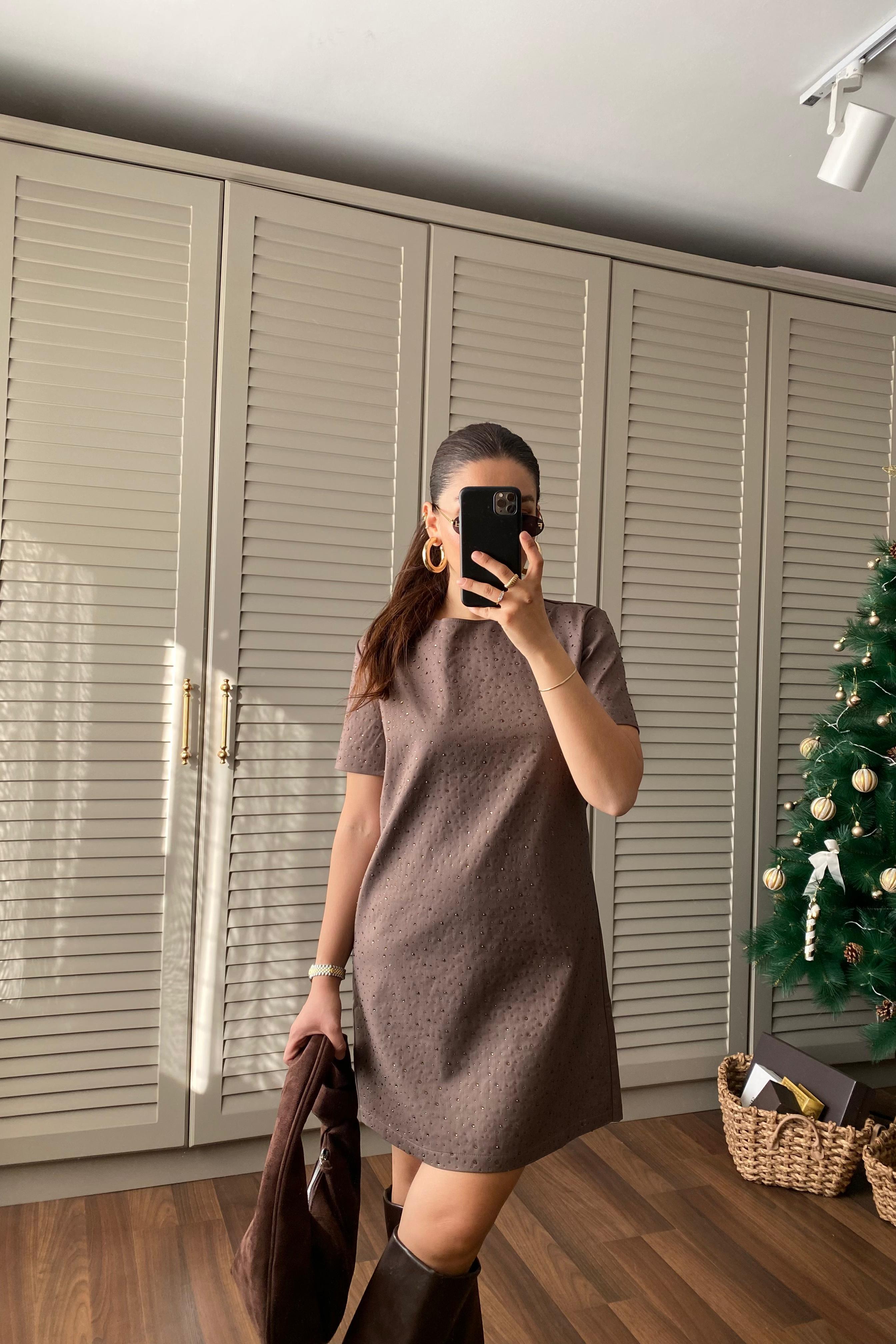 SERPME TAŞLI MİNİ ELBİSE/8174