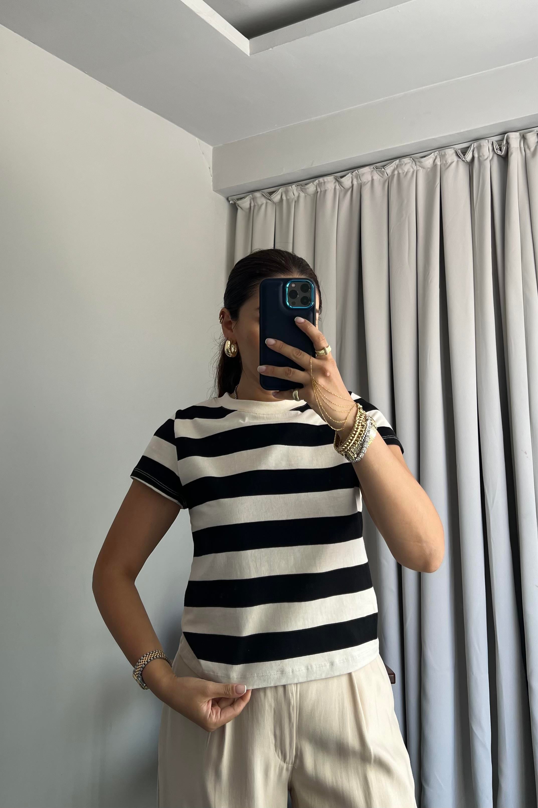 SIFIR YAKA ÇİZGİLİ BASİC T-SHIRT