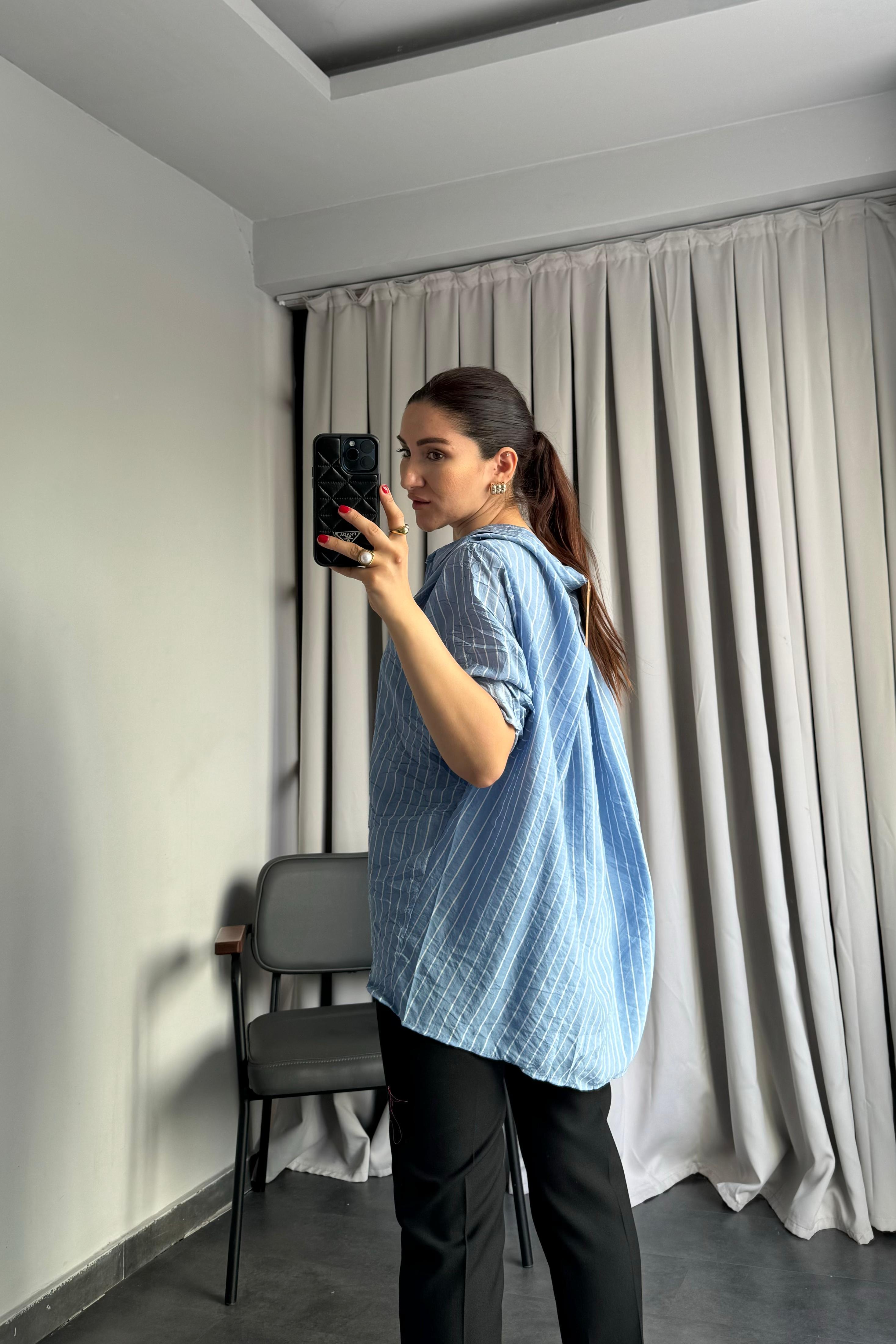 V YAKA ÇİZGİLİ OVERSIZE GÖMLEK /58635