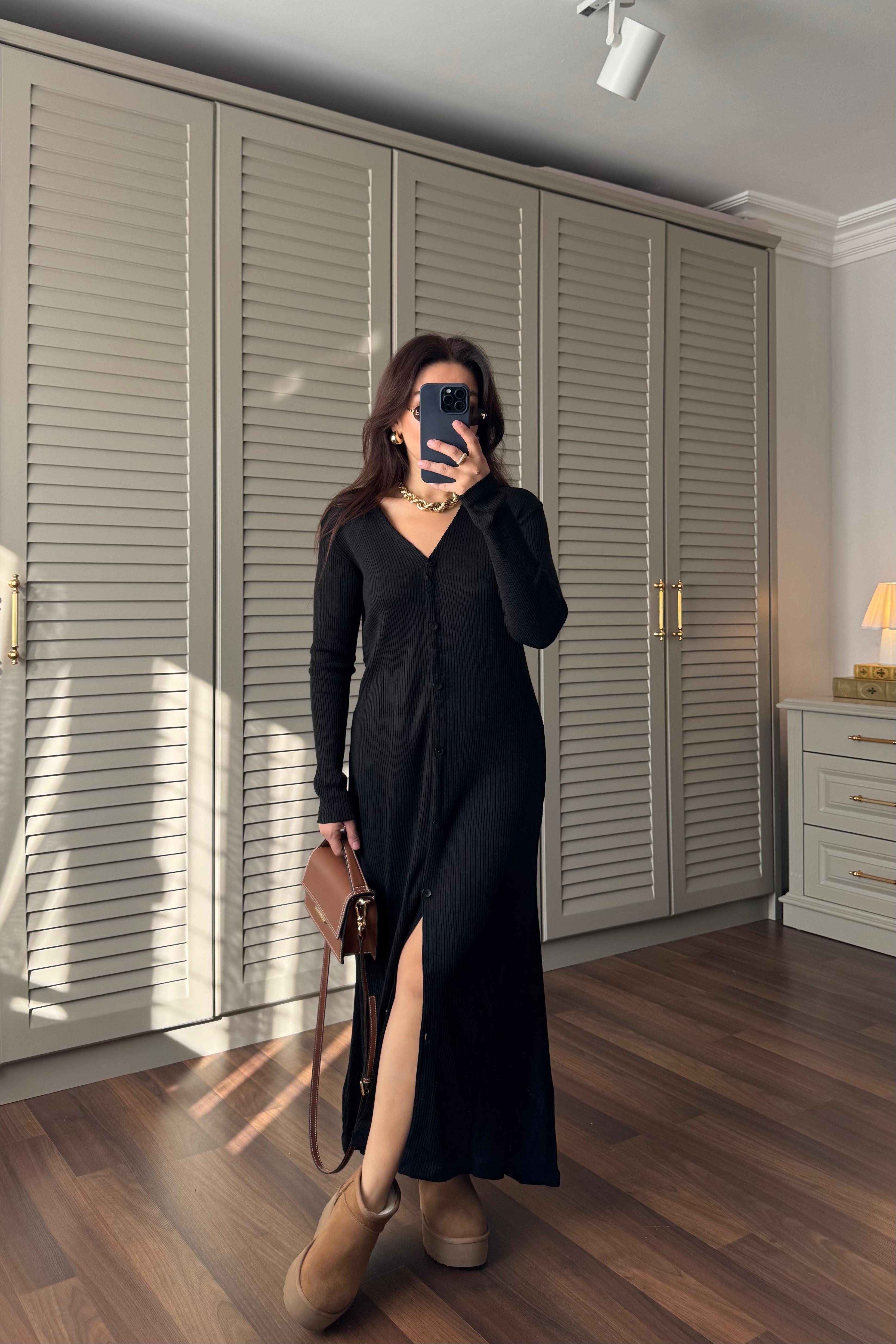 V YAKA DÜĞMELİ TRİKO ELBİSE/256048