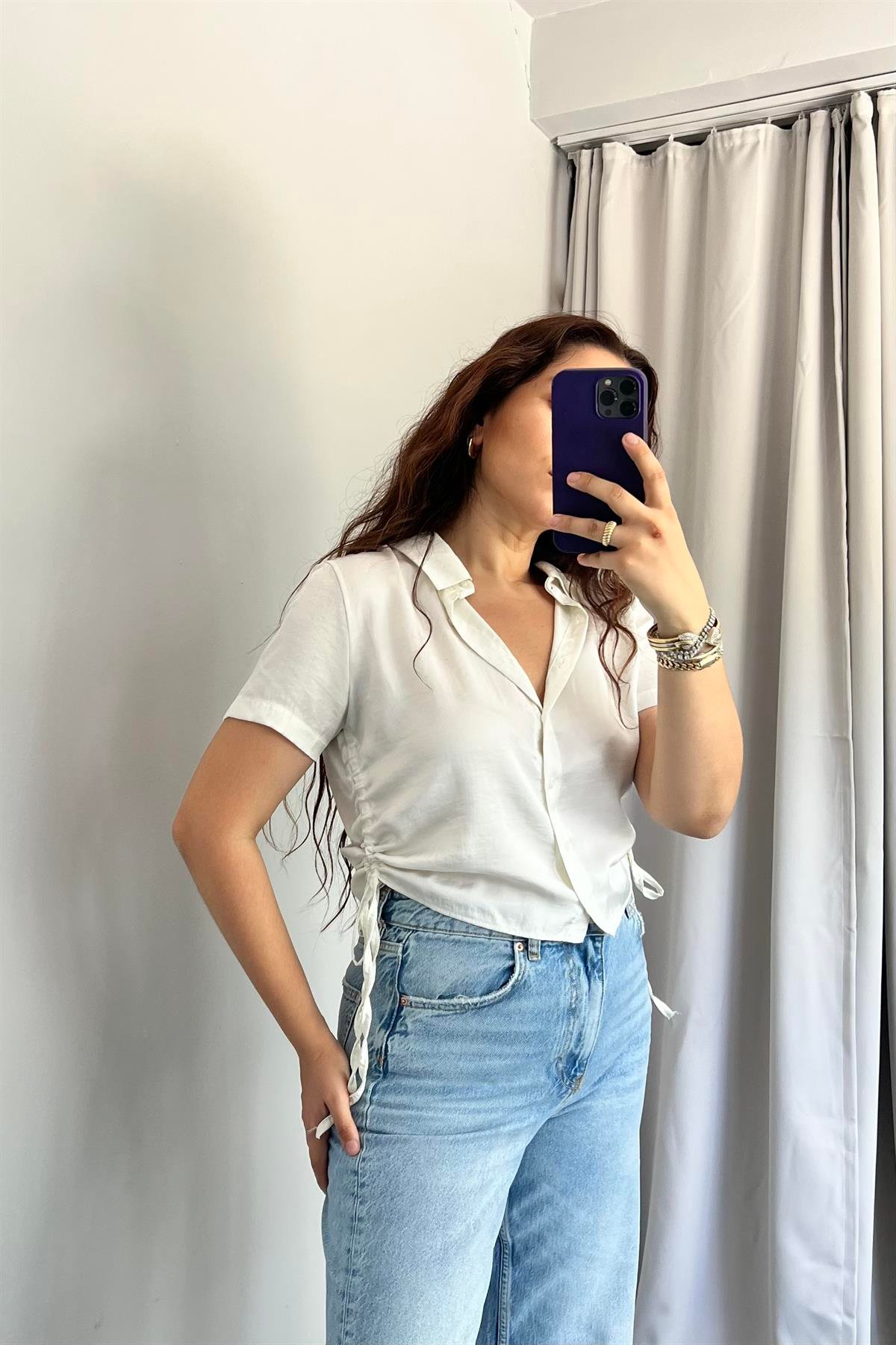 YANLARI İPLİ SATEN KISA GÖMLEK/4265