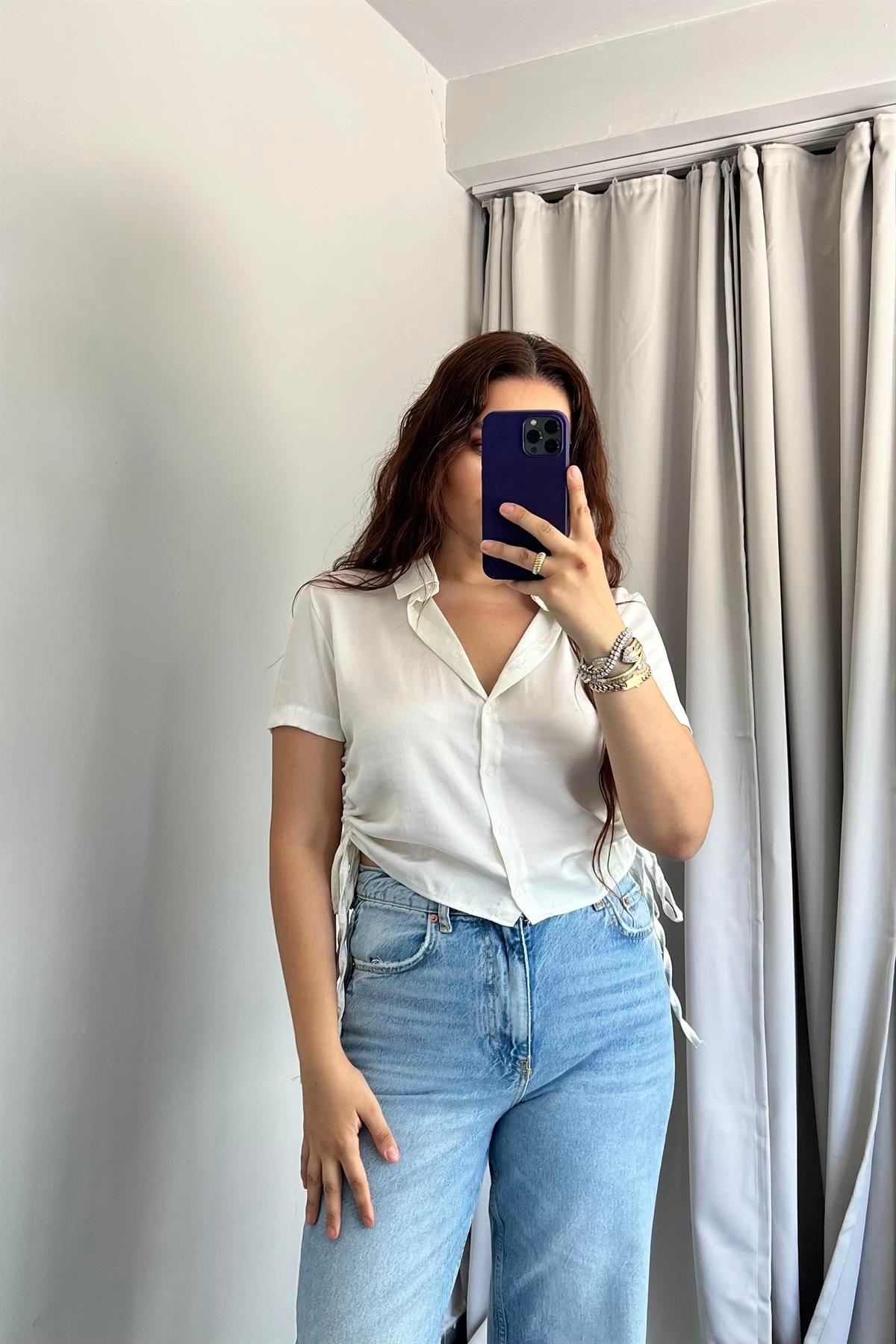 YANLARI İPLİ SATEN KISA GÖMLEK/4265
