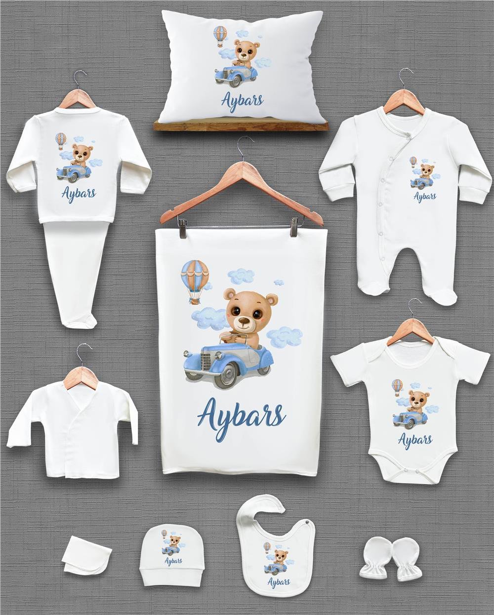 Araba Ayı ve Balon Desenli 11'li İsimli Organik Hastane Çıkış Seti