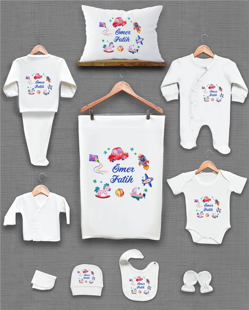 Araba Uçak ve Balon Desenli 11'li İsimli Organik Hastane Çıkış Seti