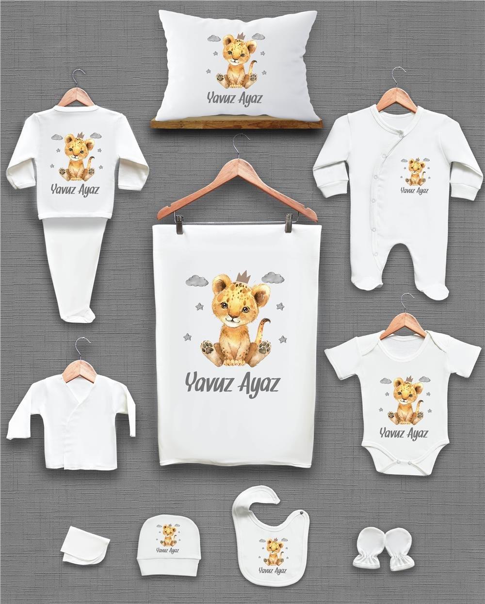 Aslan Desenli 11'li İsimli Organik Hastane Çıkış Seti