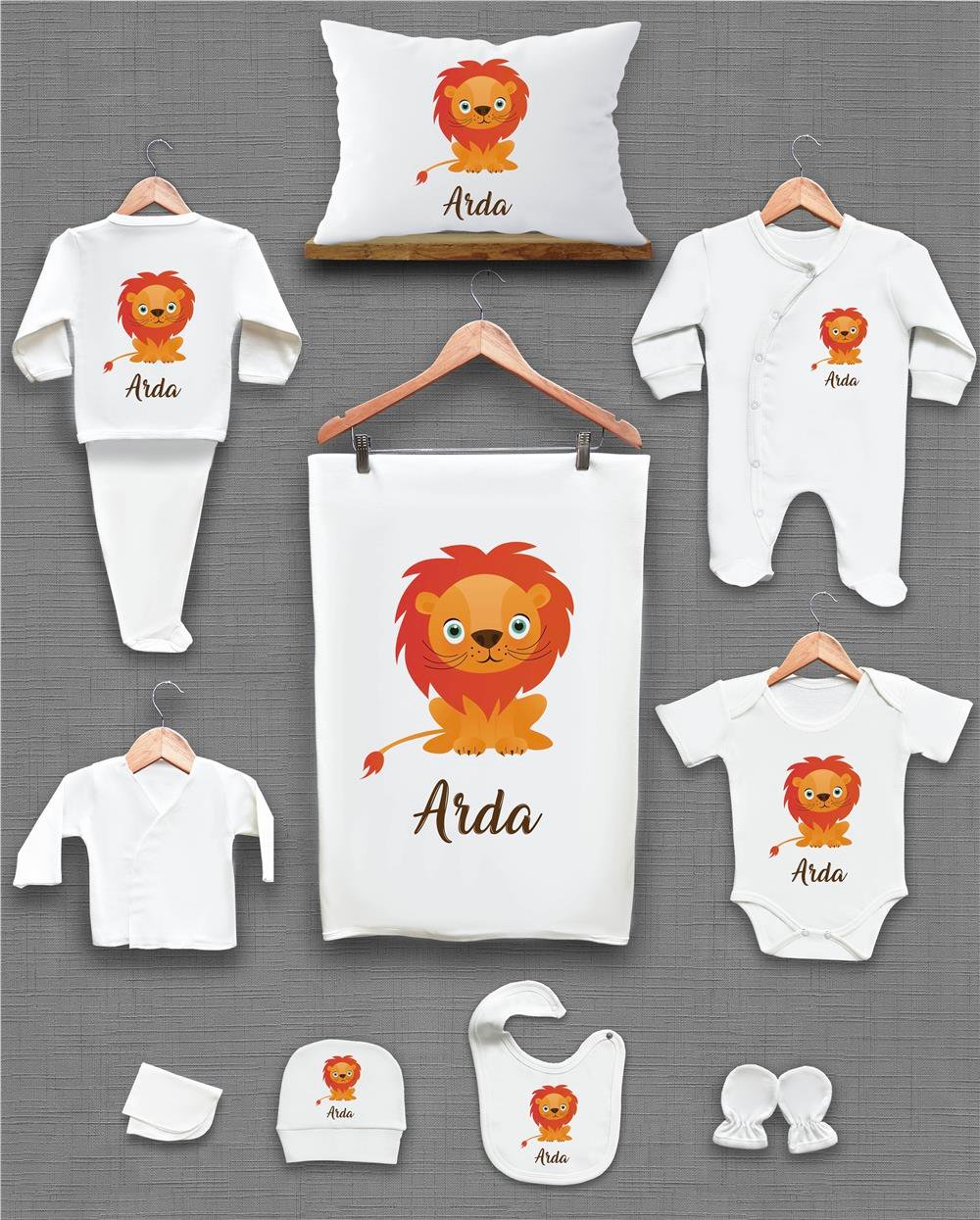 Aslan Desenli 11'li İsimli Organik Hastane Çıkış Seti