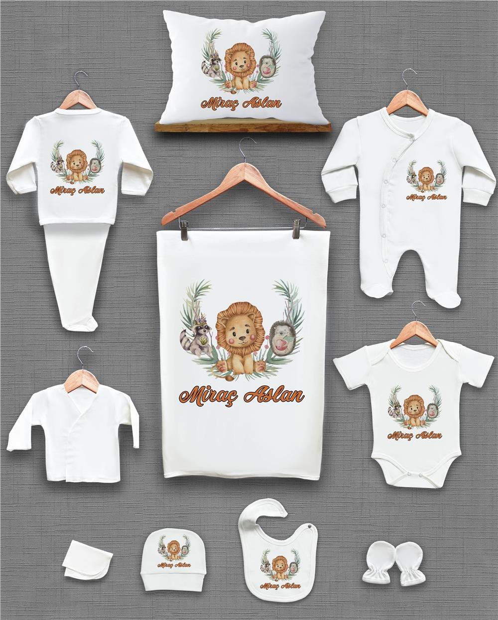 Aslan ve Kipri Desenli 11'li İsimli Organik Hastane Çıkış Seti