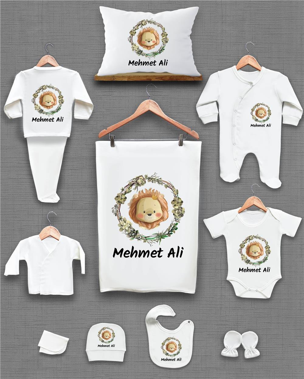 Aslan ve Sarı ve Yeşil Yaprak Desenli 11'li İsimli Organik Hastane Çıkış Seti