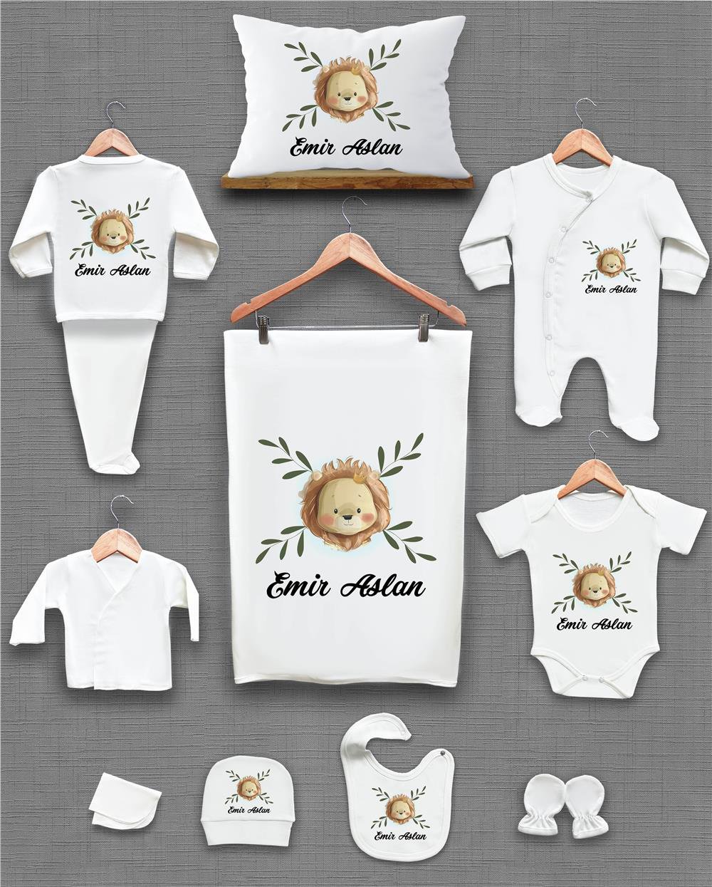 Aslan ve Yaprak Desenli 11'li İsimli Organik Hastane Çıkış Seti