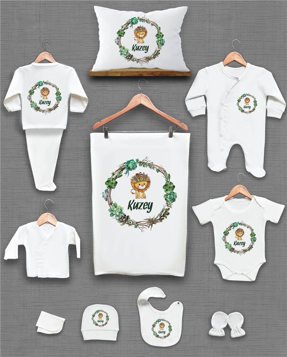 Aslan ve Yeşil Yaprak Desenli 11'li İsimli Organik Hastane Çıkış Seti