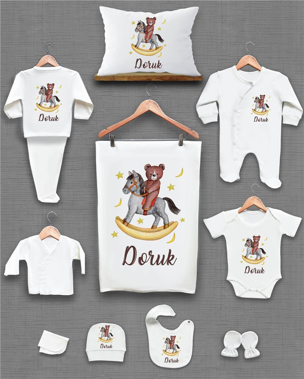 At ve Ayı Desenli 11'li İsimli Organik Hastane Çıkış Seti