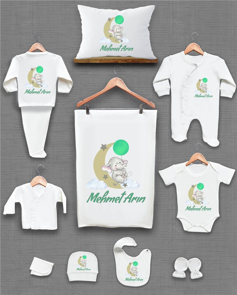 Ay ve Fil Desenli 11'li İsimli Organik Hastane Çıkış Seti