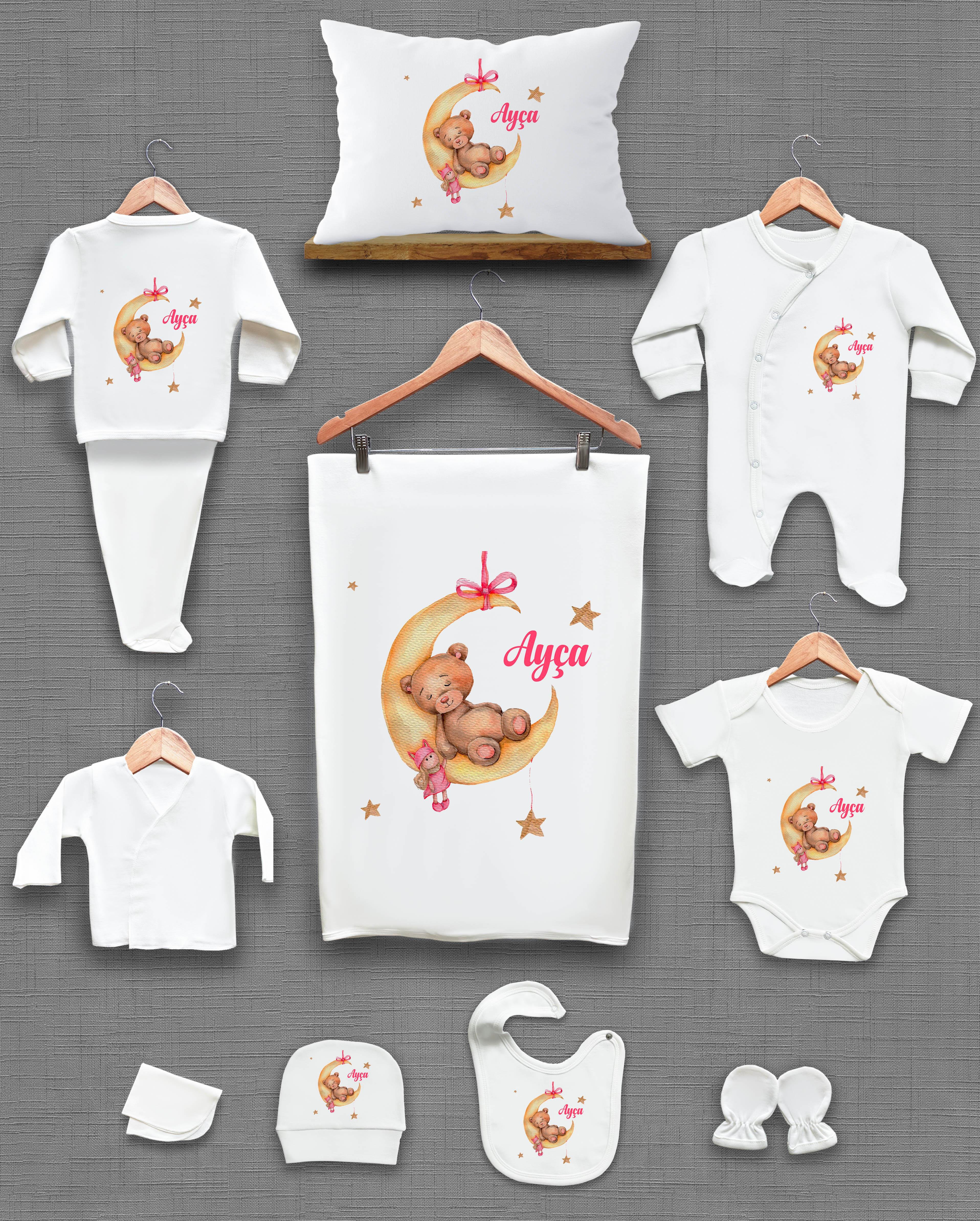 Ay ve Sevimli Ayı Desenli 11'li İsimli Organik Hastane Çıkış Seti