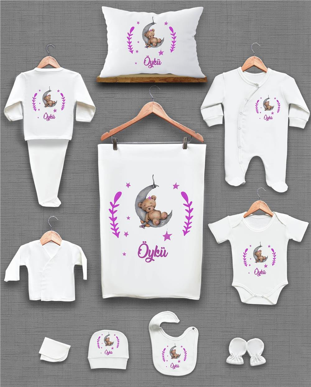 Ay Yaprak ve Ayı Desenli 11'li İsimli Organik Hastane Çıkış Seti