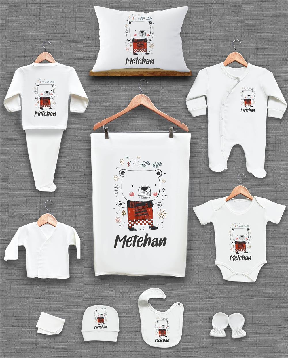 Ayı Desenli 11'li İsimli Organik Hastane Çıkış Seti