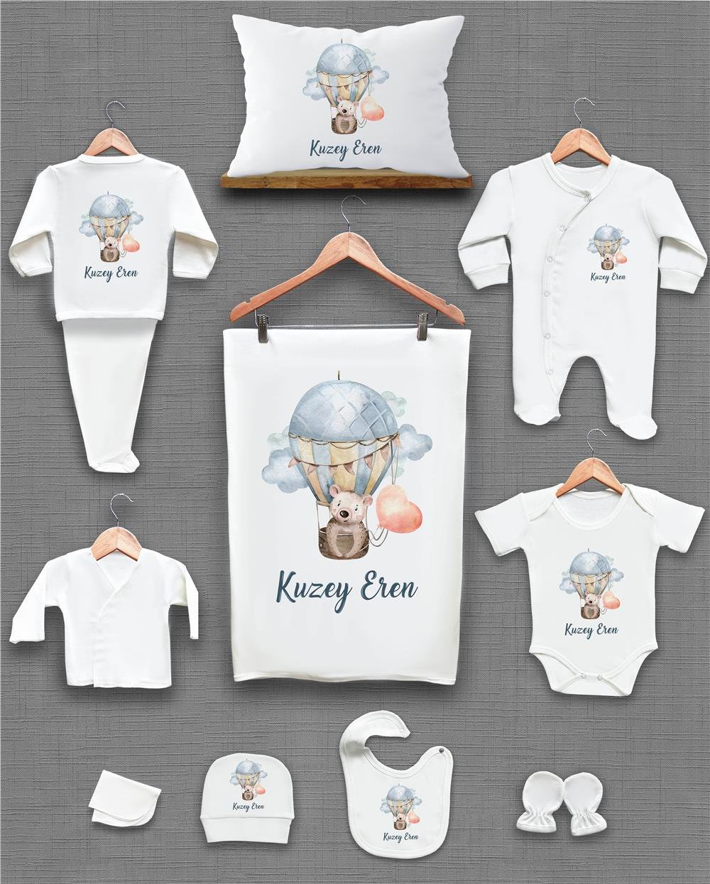 Ayı ve Balon Desenli 11'li İsimli Organik Hastane Çıkış Seti