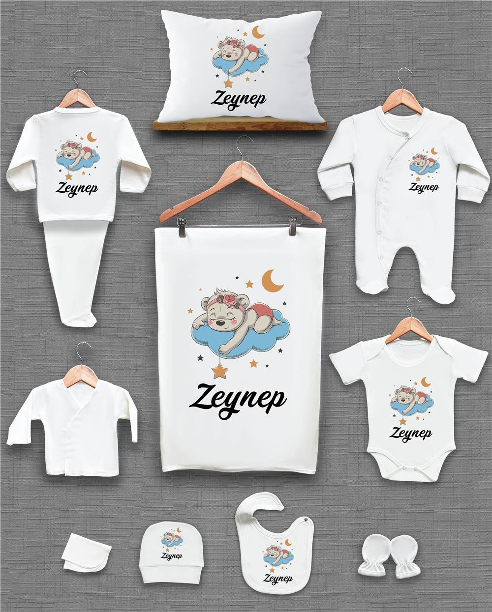 Ayı ve Bulut Desenli 11'li İsimli Organik Hastane Çıkış Seti