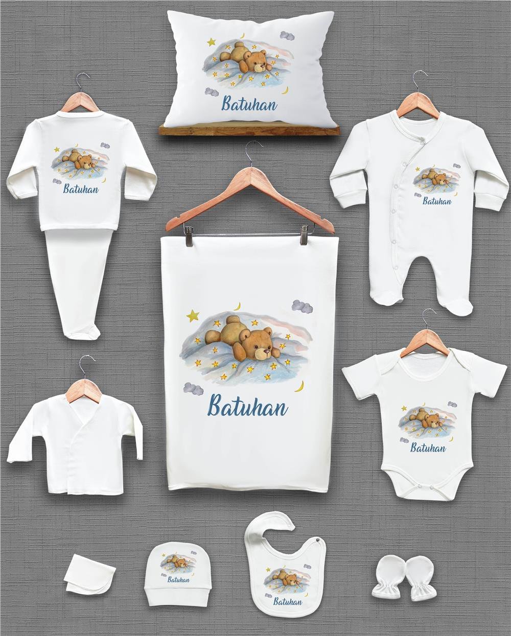 Ayı ve Bulut Desenli 11'li İsimli Organik Hastane Çıkış Seti