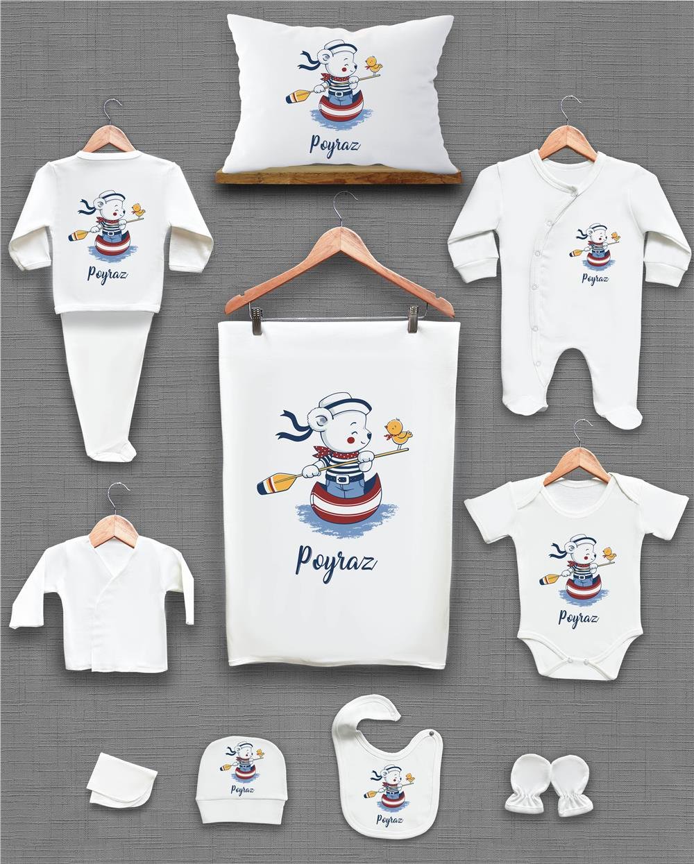 Ayı ve Gemi Desenli 11'li İsimli Organik Hastane Çıkış Seti